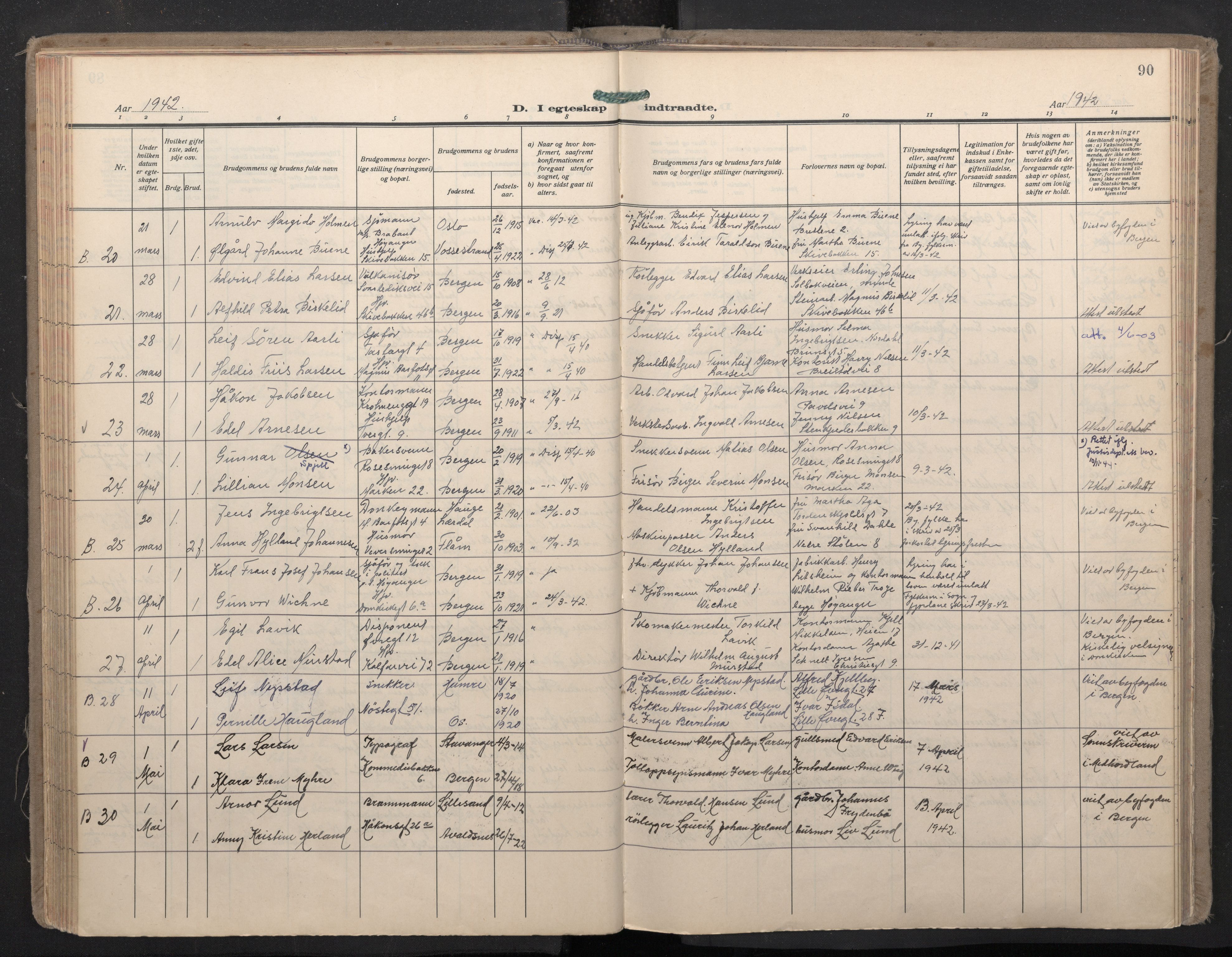 Domkirken sokneprestembete, SAB/A-74801/H/Haa: Parish register (official) no. D 7, 1937-1950, p. 89b-90a