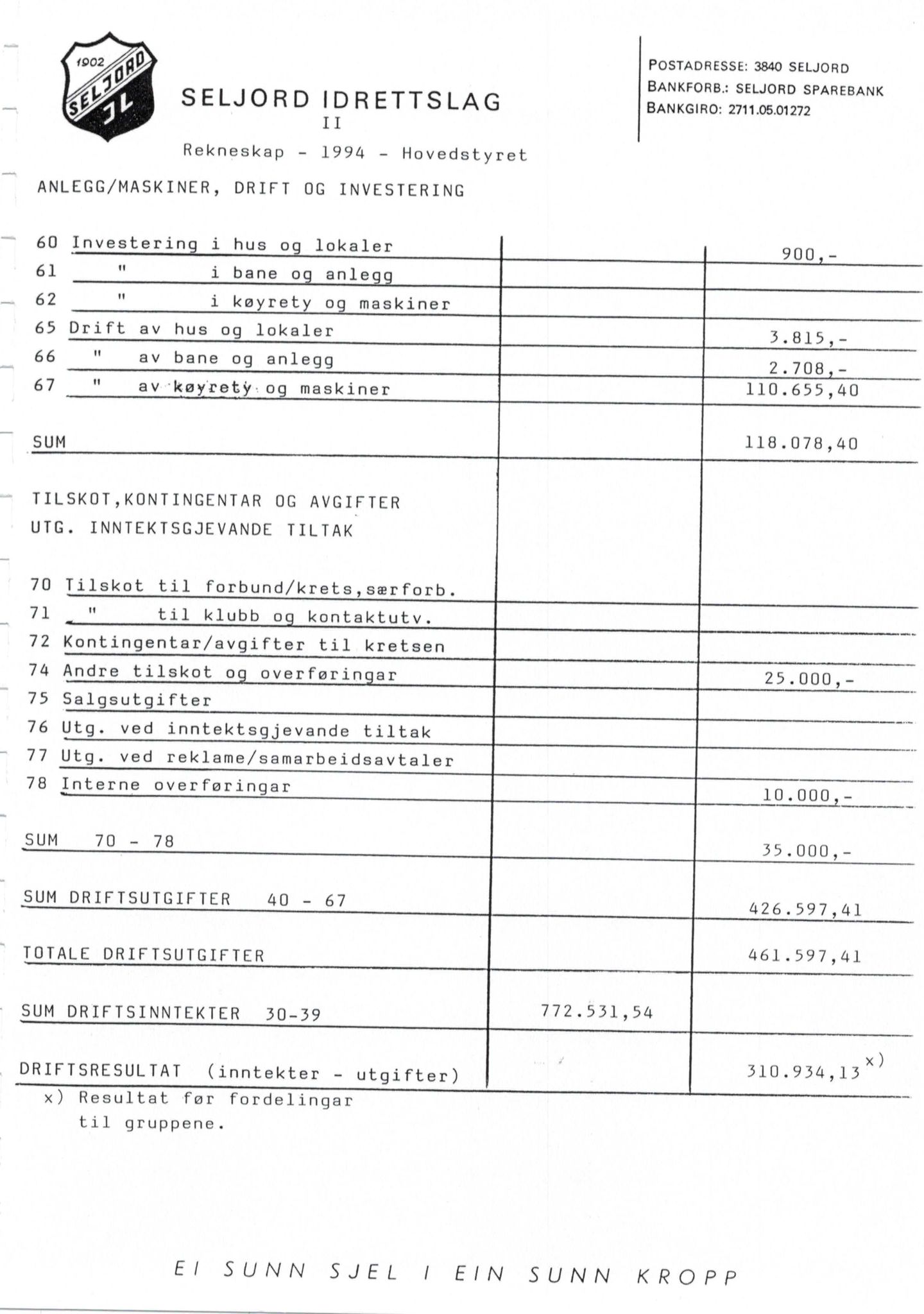 Seljord Idrettslag, VTM/A-1034/A/Ab/L0002: Årsmeldingar, 1993