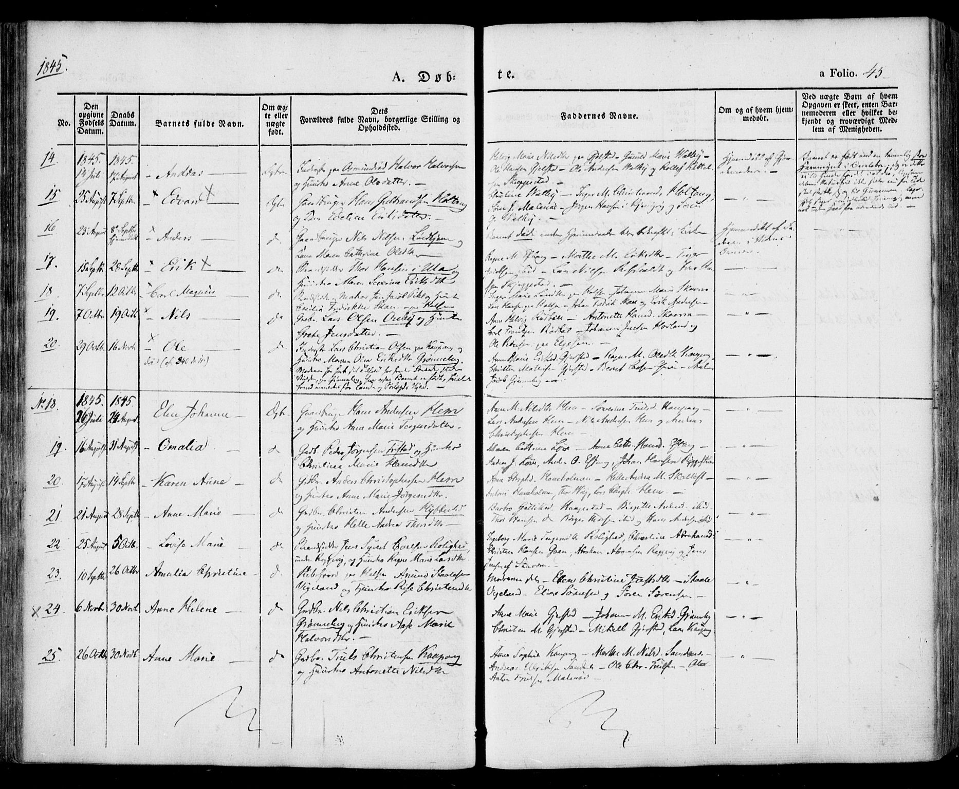 Tjølling kirkebøker, SAKO/A-60/F/Fa/L0006: Parish register (official) no. 6, 1835-1859, p. 45