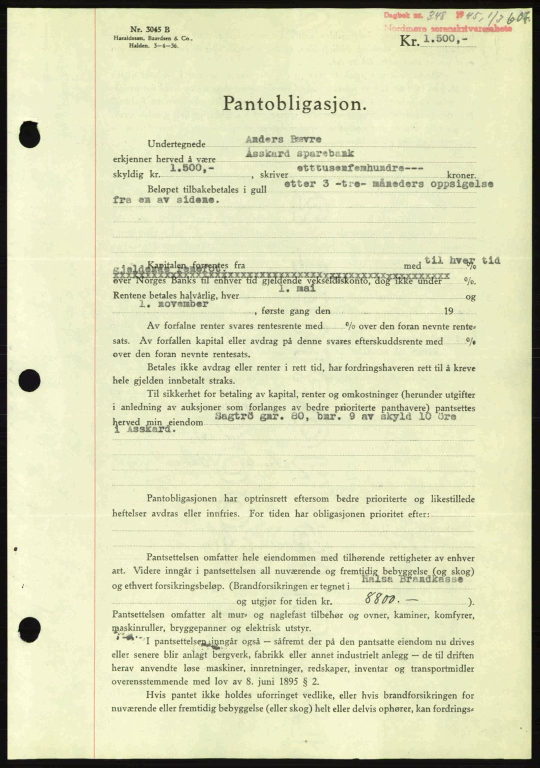 Nordmøre sorenskriveri, AV/SAT-A-4132/1/2/2Ca: Mortgage book no. B92, 1944-1945, Diary no: : 348/1945