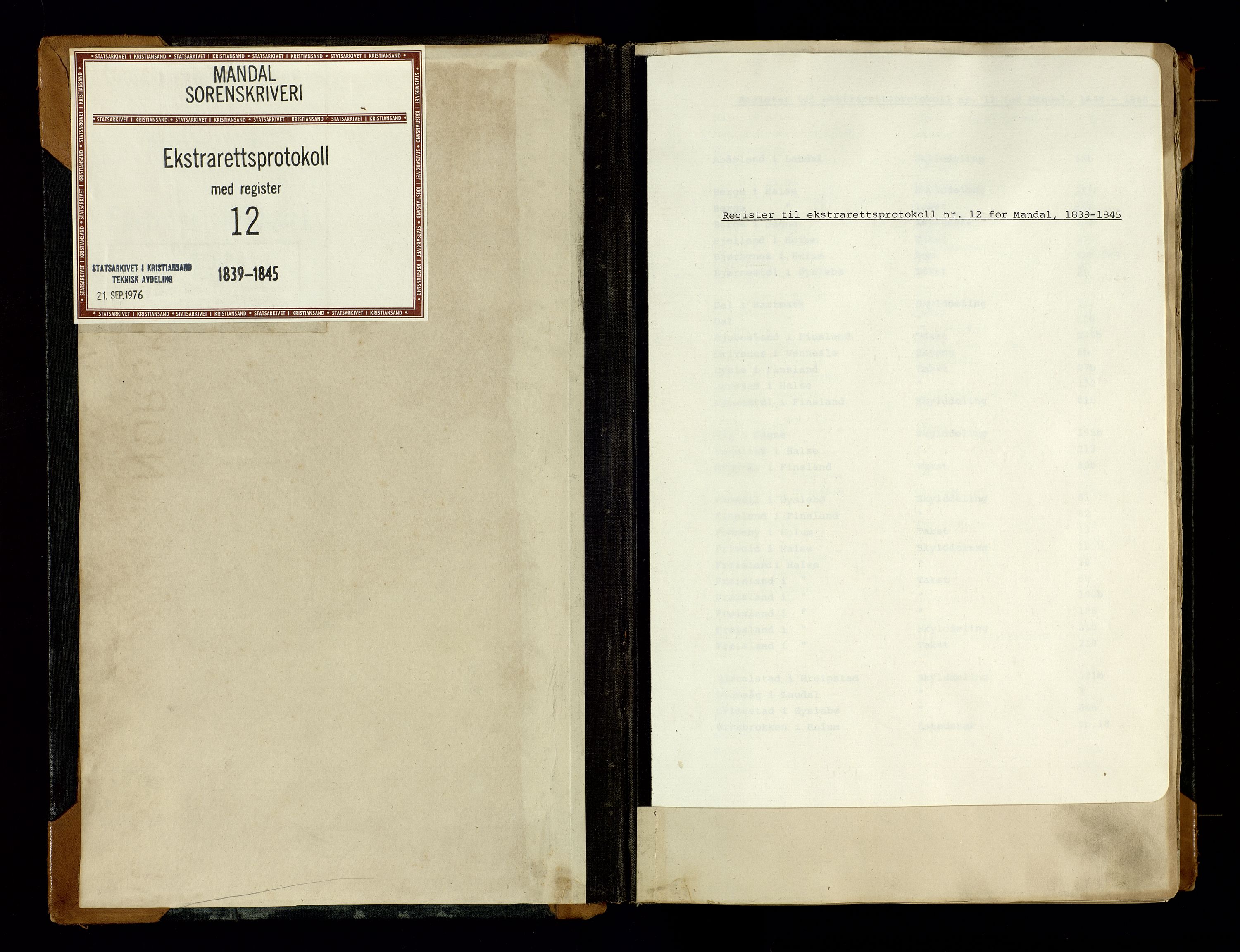 Mandal sorenskriveri, SAK/1221-0005/001/F/Fb/L0014: Ekstrarettsprotokoll med register for fast eiendom nr 12, 1839-1845