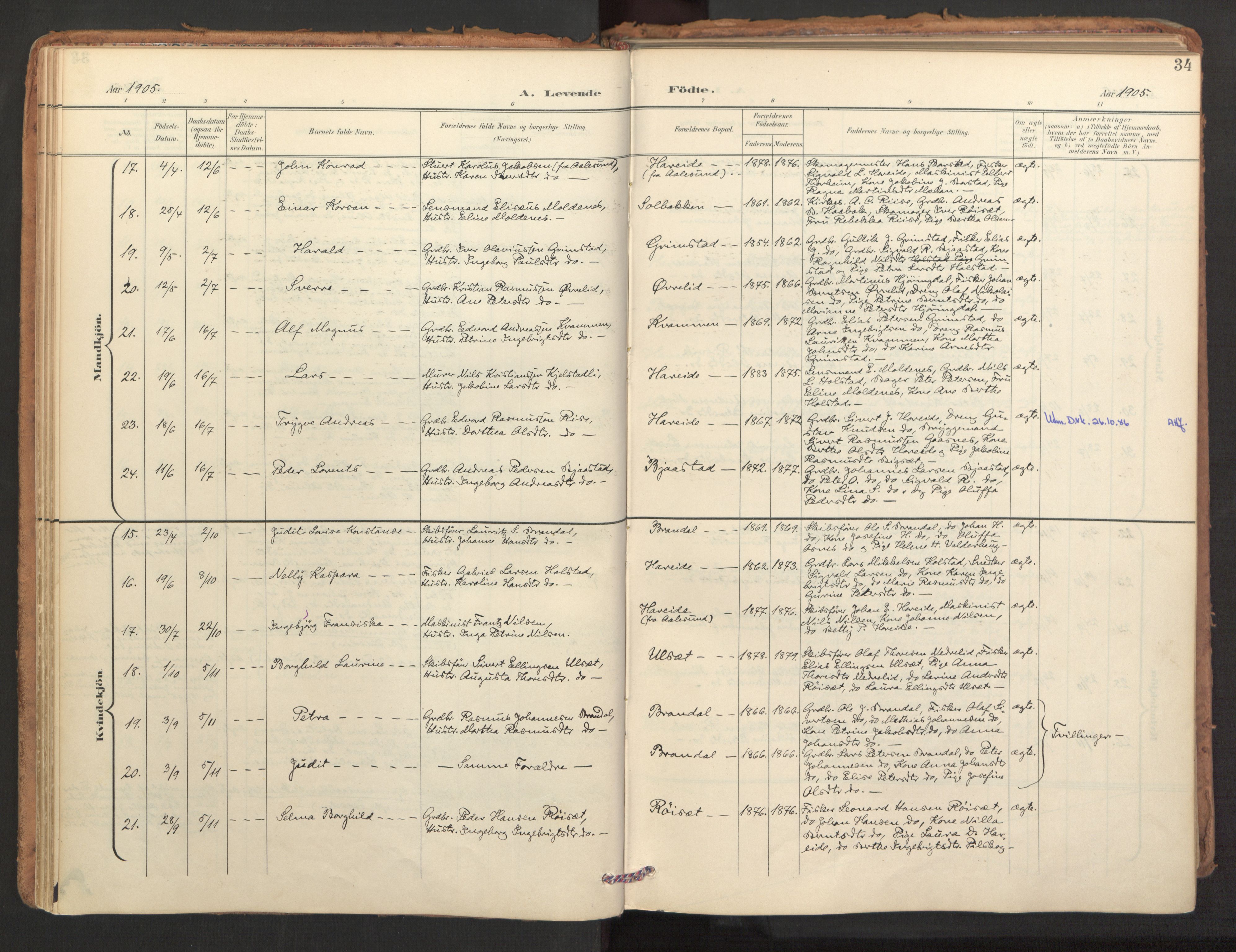 Ministerialprotokoller, klokkerbøker og fødselsregistre - Møre og Romsdal, SAT/A-1454/510/L0123: Parish register (official) no. 510A03, 1898-1922, p. 34