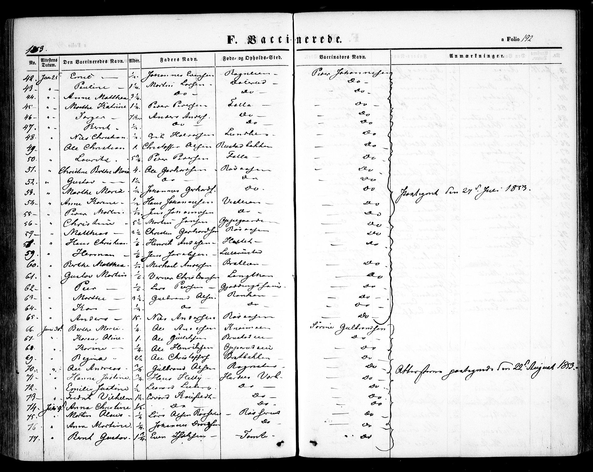 Hurdal prestekontor Kirkebøker, SAO/A-10889/F/Fa/L0005: Parish register (official) no. I 5, 1846-1859, p. 192