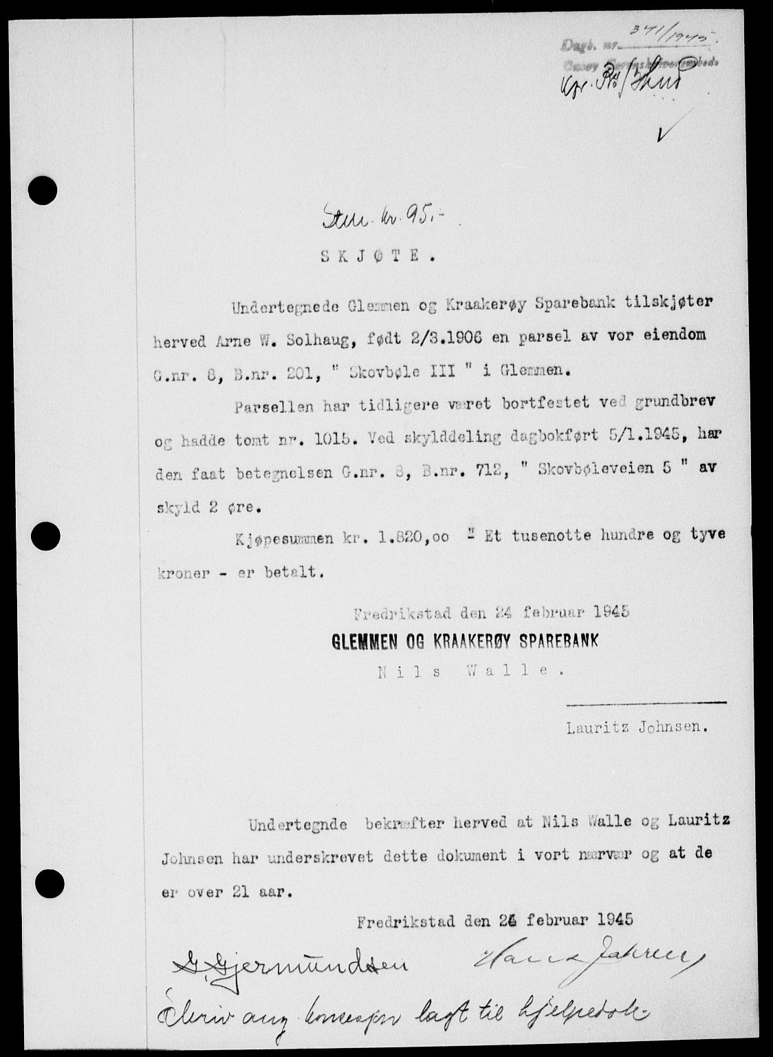 Onsøy sorenskriveri, SAO/A-10474/G/Ga/Gab/L0014: Mortgage book no. II A-14, 1944-1945, Diary no: : 341/1945