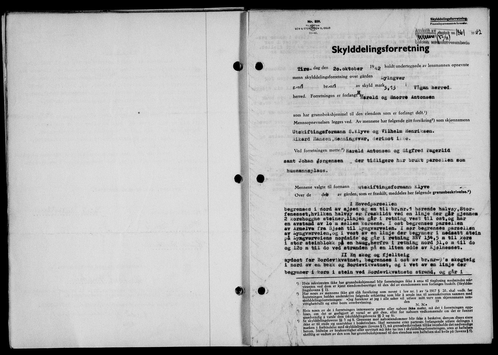 Lofoten sorenskriveri, SAT/A-0017/1/2/2C/L0010a: Mortgage book no. 10a, 1942-1943, Diary no: : 1861/1942
