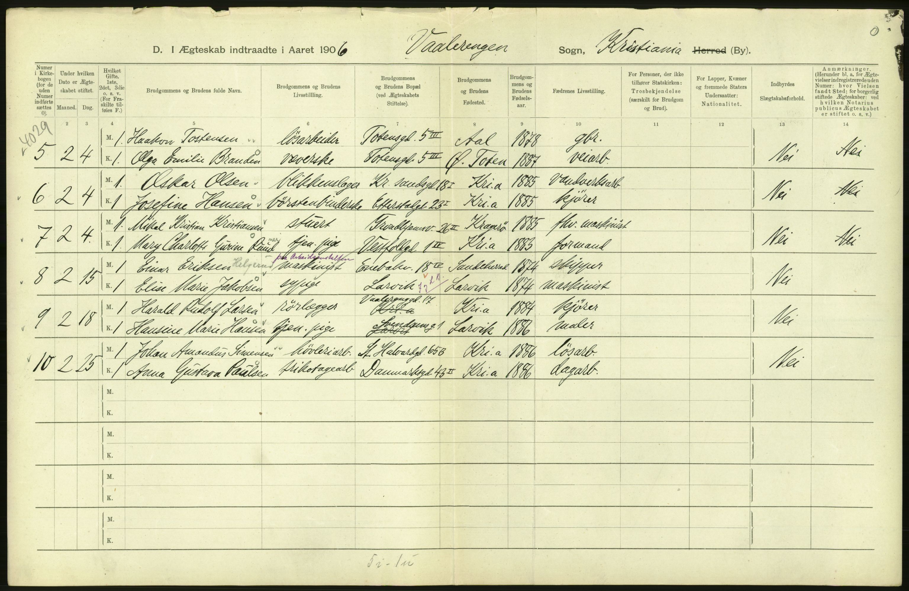 Statistisk sentralbyrå, Sosiodemografiske emner, Befolkning, AV/RA-S-2228/D/Df/Dfa/Dfad/L0008: Kristiania: Gifte, 1906, p. 518