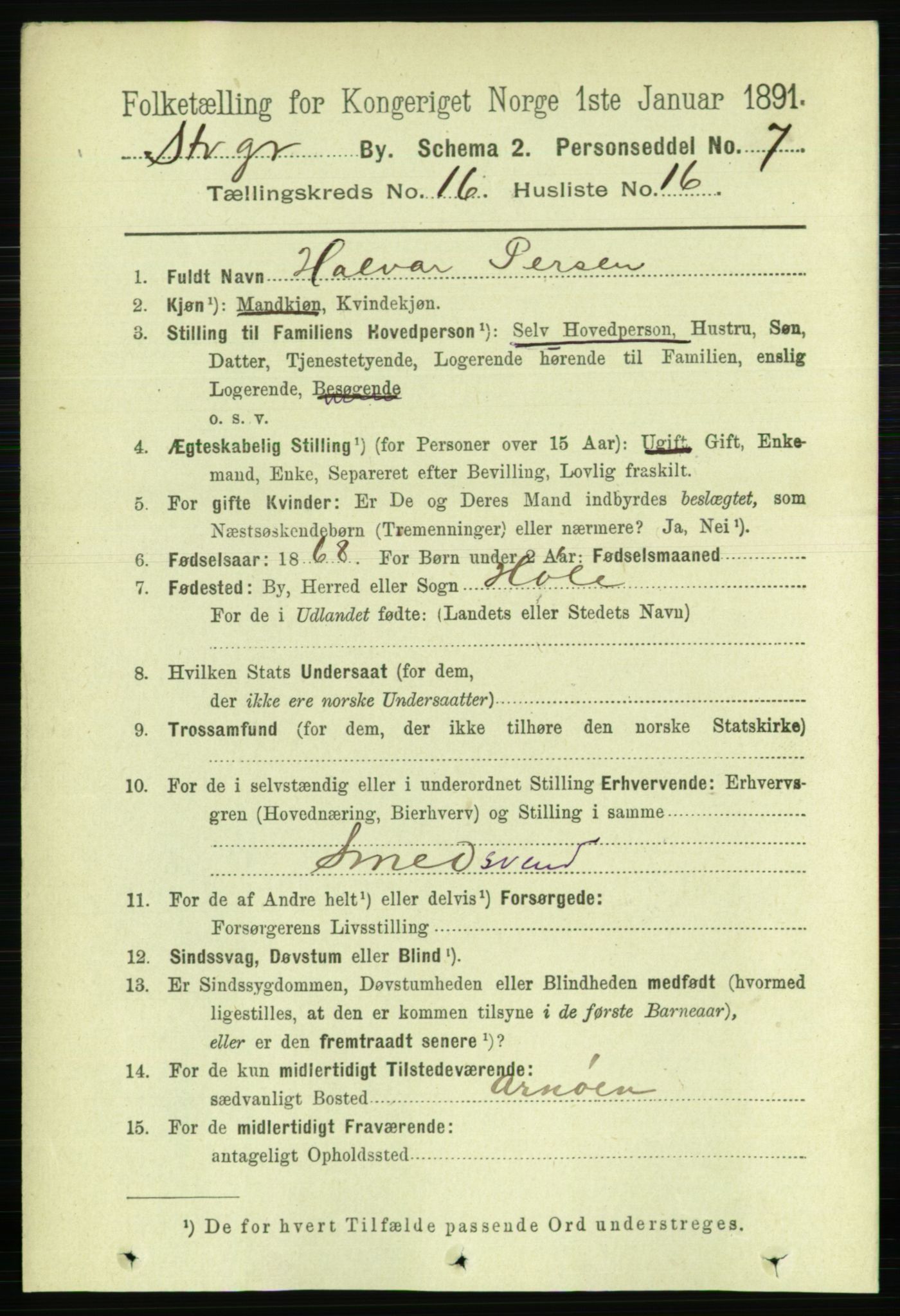 RA, 1891 census for 1103 Stavanger, 1891, p. 19043
