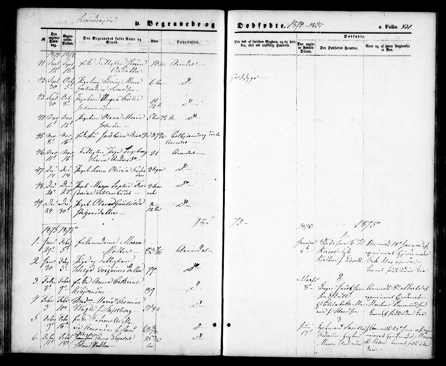 Arendal sokneprestkontor, Trefoldighet, AV/SAK-1111-0040/F/Fa/L0007: Parish register (official) no. A 7, 1868-1878, p. 431