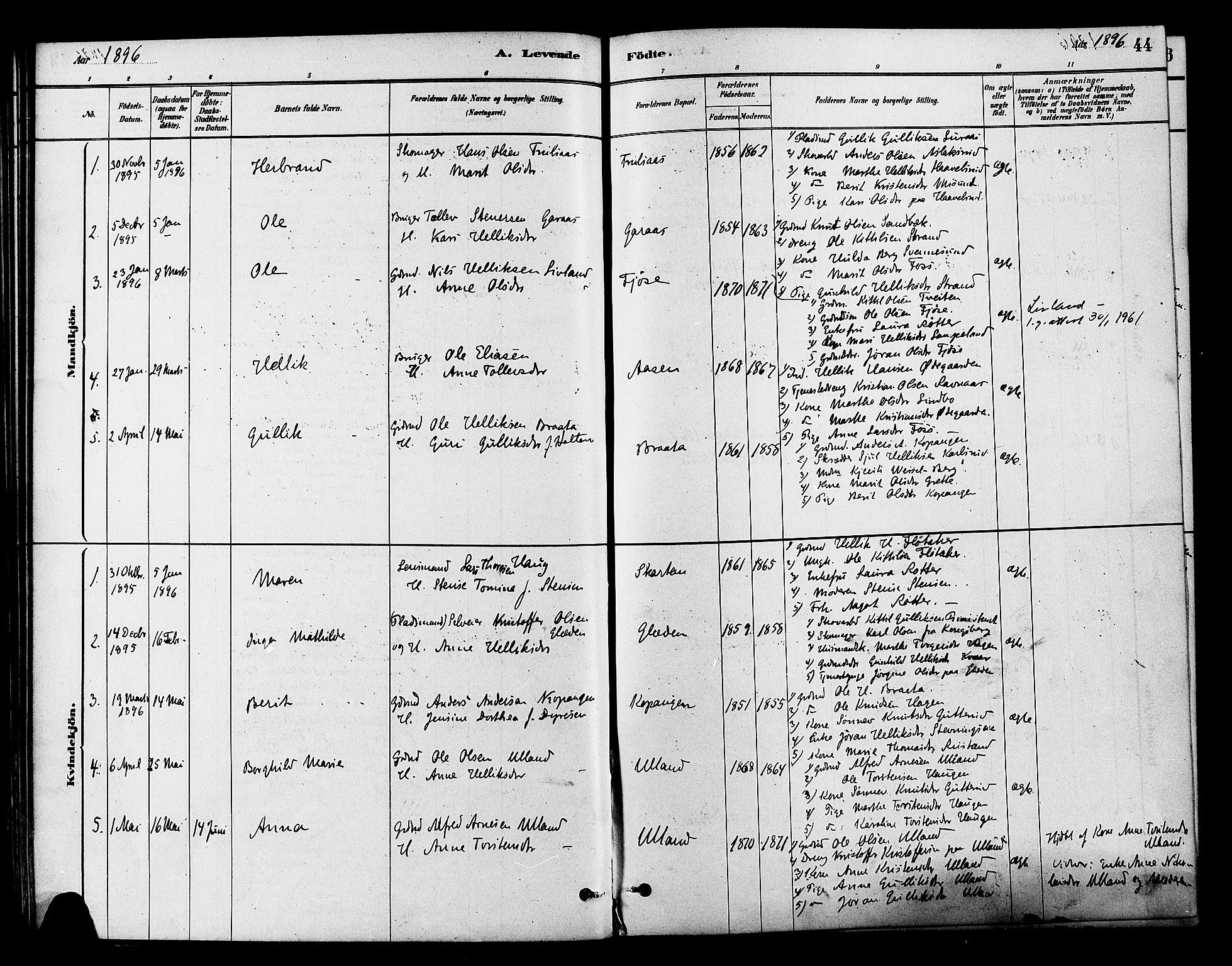 Flesberg kirkebøker, AV/SAKO-A-18/F/Fb/L0001: Parish register (official) no. II 1, 1879-1907, p. 44