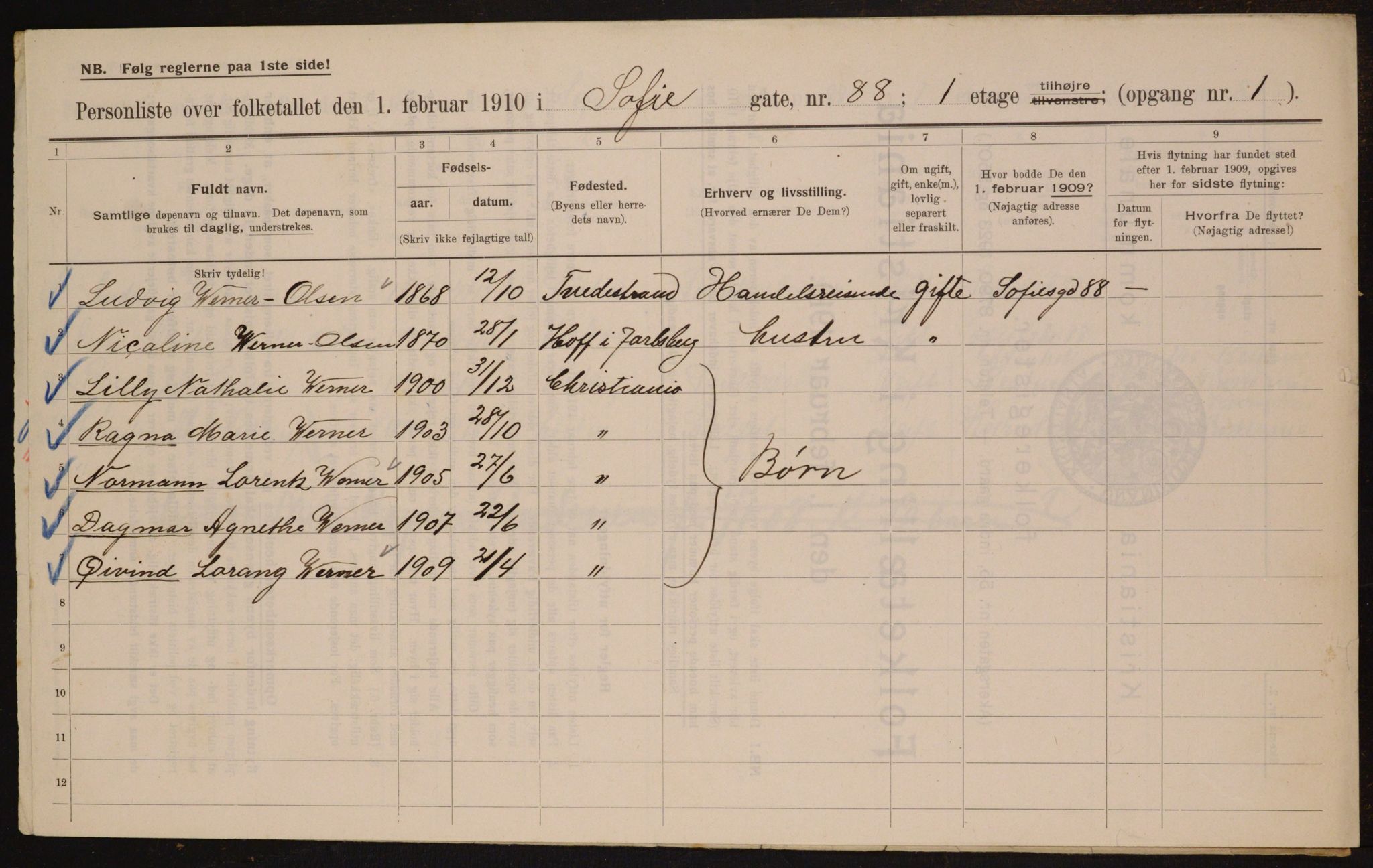 OBA, Municipal Census 1910 for Kristiania, 1910, p. 94663