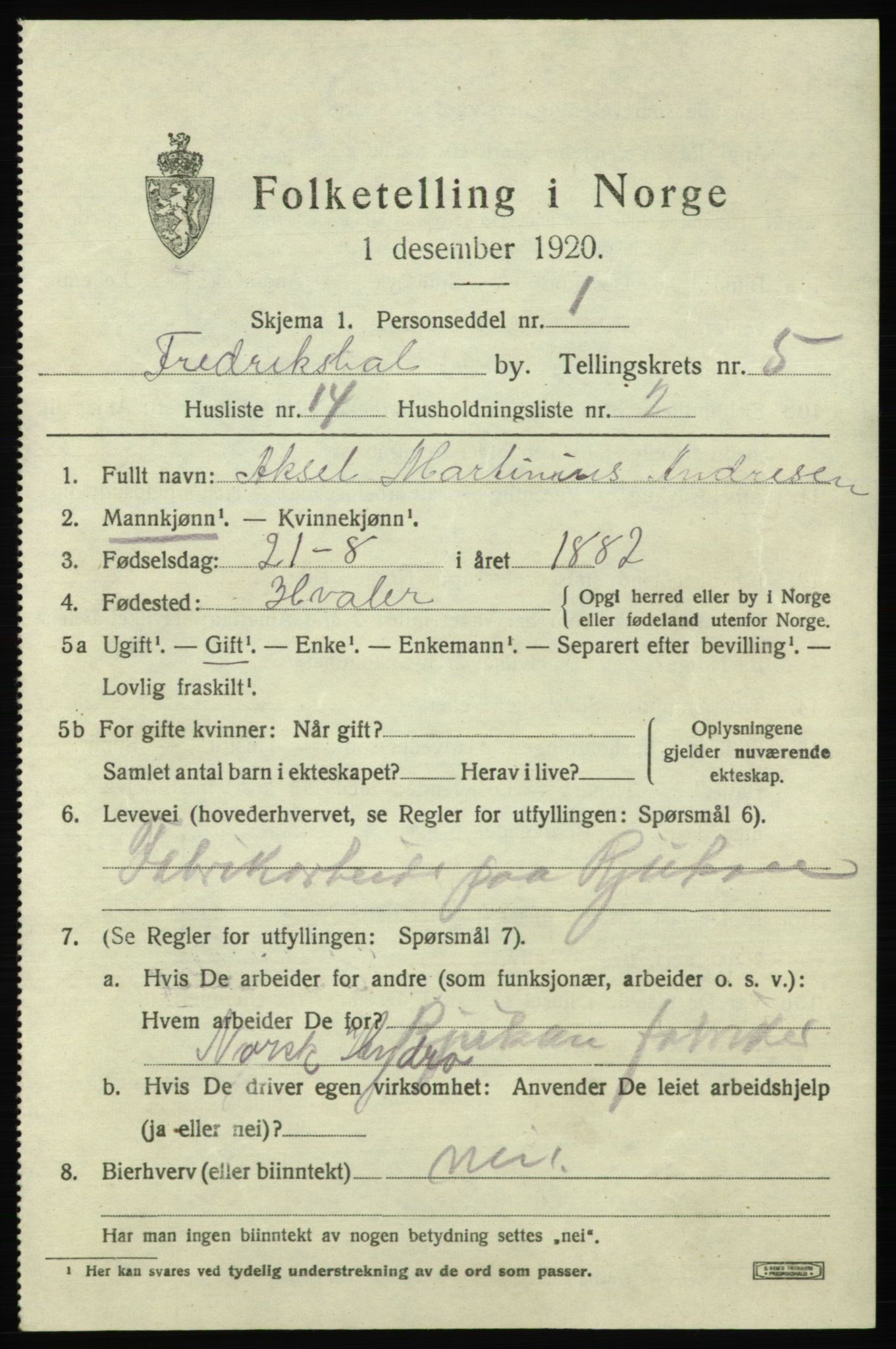 SAO, 1920 census for Fredrikshald, 1920, p. 12273