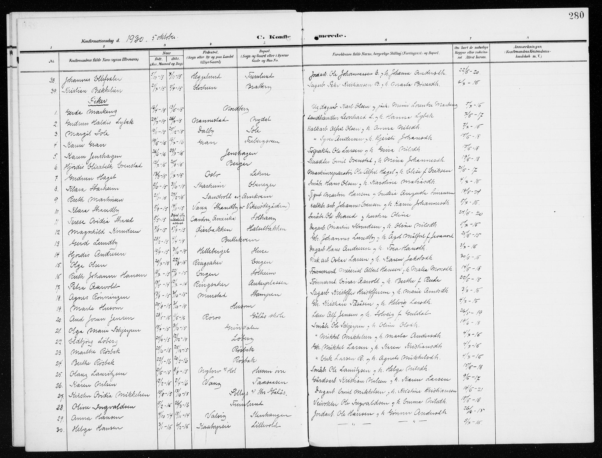 Furnes prestekontor, SAH/PREST-012/K/Ka/L0001: Parish register (official) no. 1, 1907-1935, p. 280