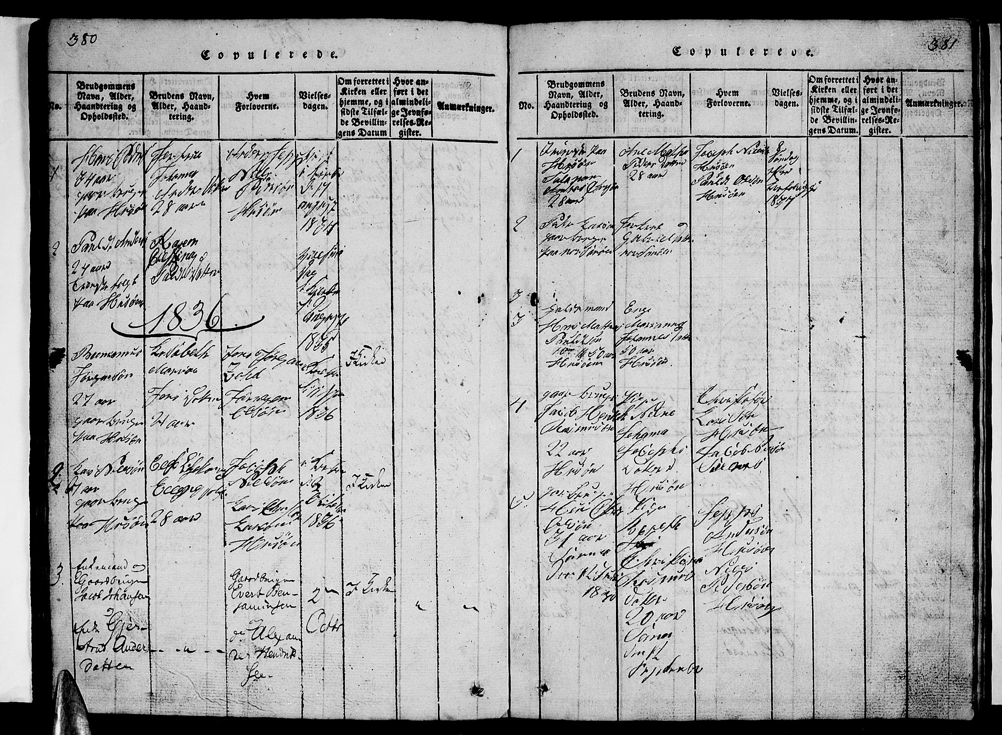 Ministerialprotokoller, klokkerbøker og fødselsregistre - Nordland, SAT/A-1459/840/L0581: Parish register (copy) no. 840C01, 1820-1873, p. 380-381