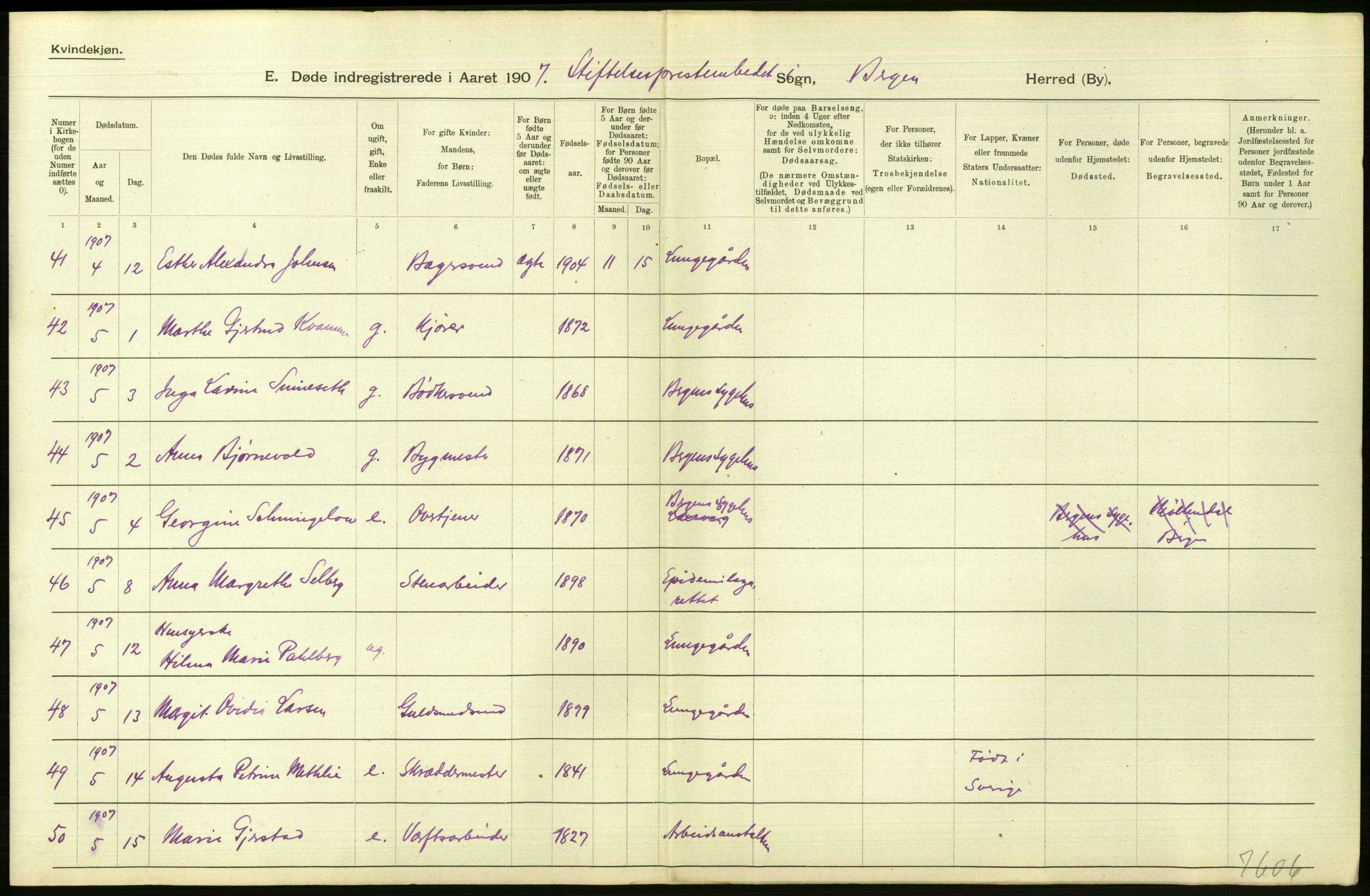 Statistisk sentralbyrå, Sosiodemografiske emner, Befolkning, AV/RA-S-2228/D/Df/Dfa/Dfae/L0031: Bergen: gifte, døde, dødfødte., 1907, p. 182