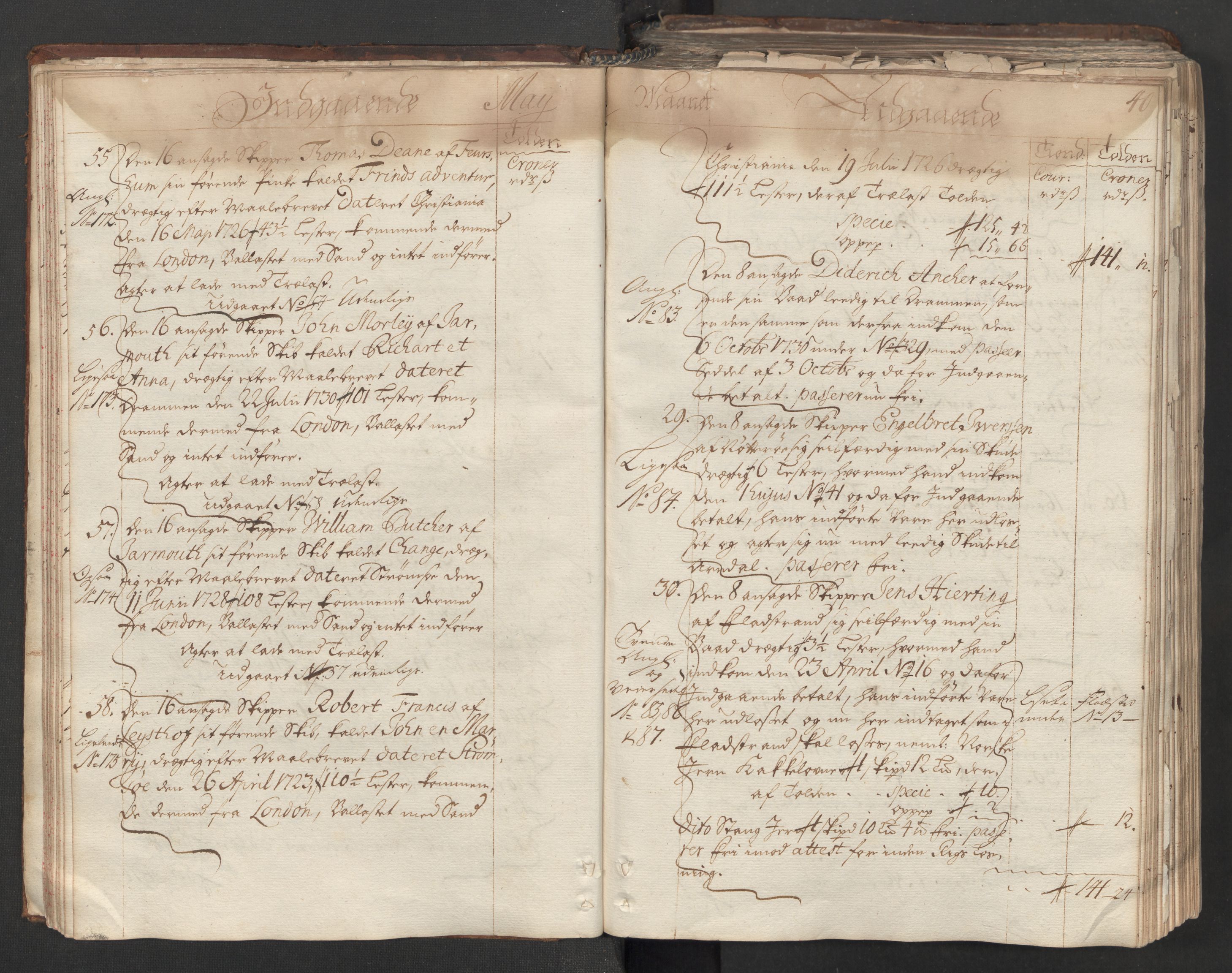 Generaltollkammeret, tollregnskaper, AV/RA-EA-5490/R06/L0012/0001: Tollregnskaper Kristiania / Hovedtollbok, 1731, p. 39b-40a