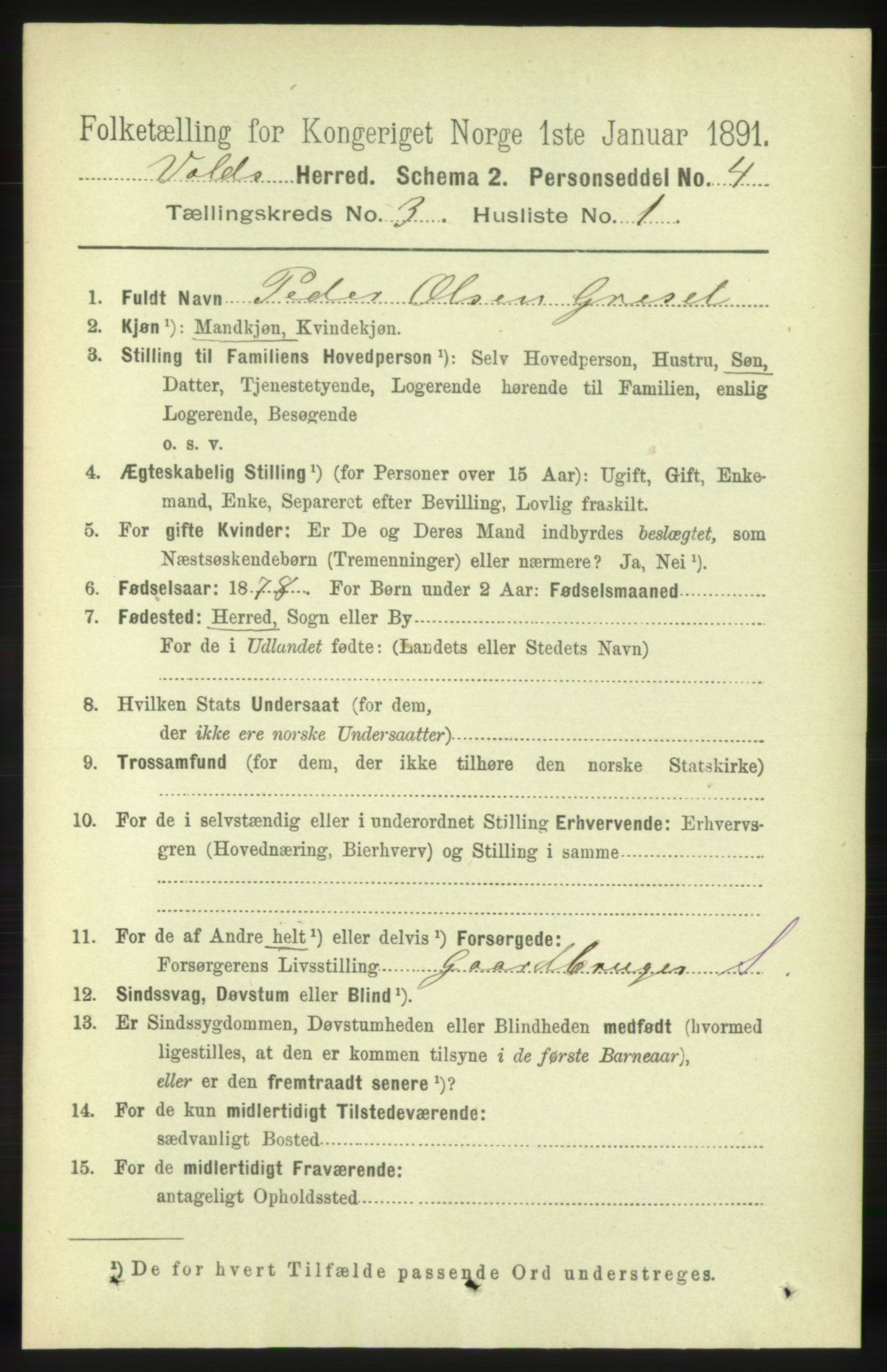 RA, 1891 census for 1537 Voll, 1891, p. 958