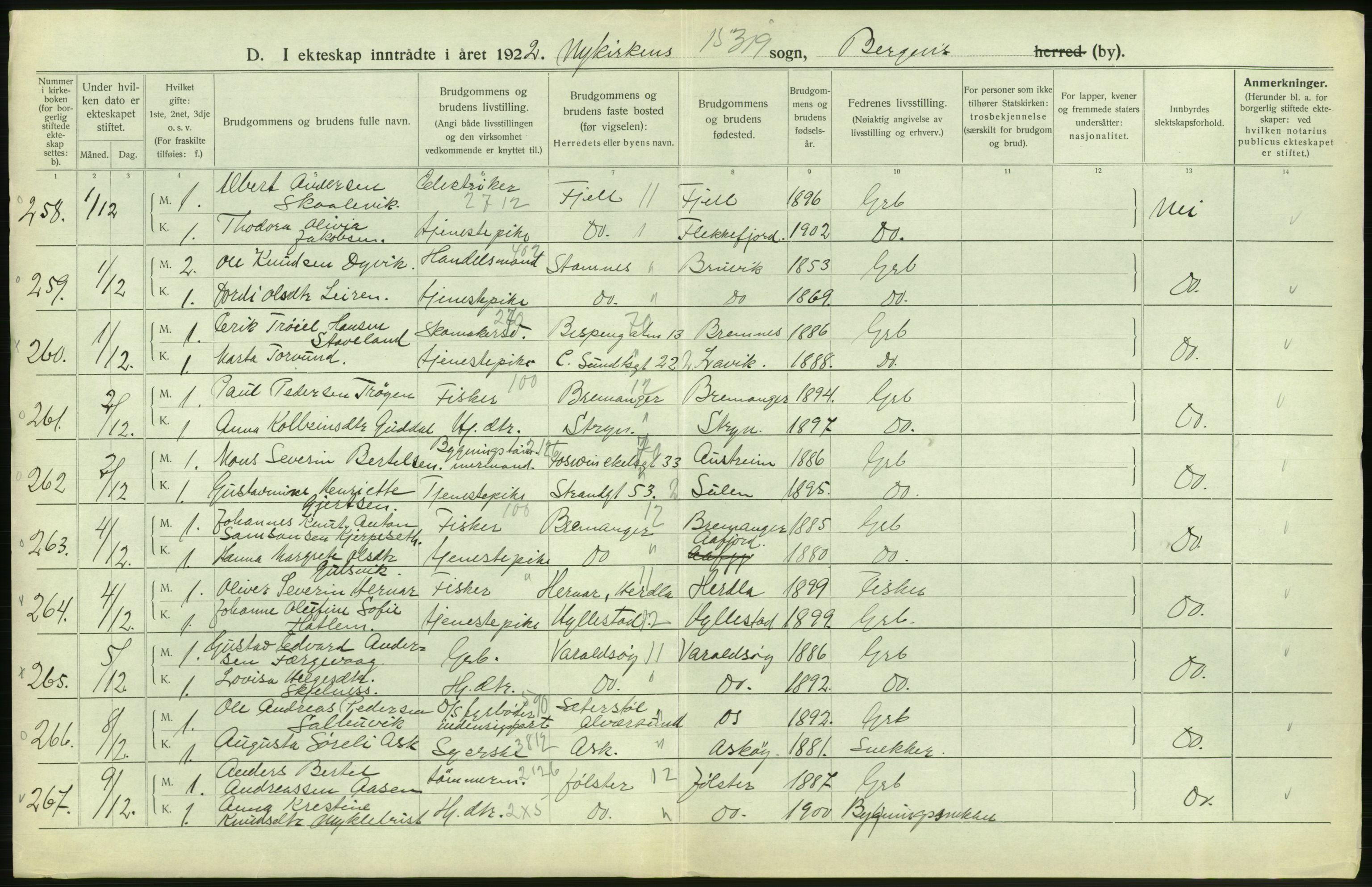 Statistisk sentralbyrå, Sosiodemografiske emner, Befolkning, AV/RA-S-2228/D/Df/Dfc/Dfcb/L0030: Bergen: Gifte, døde, dødfødte., 1922, p. 174