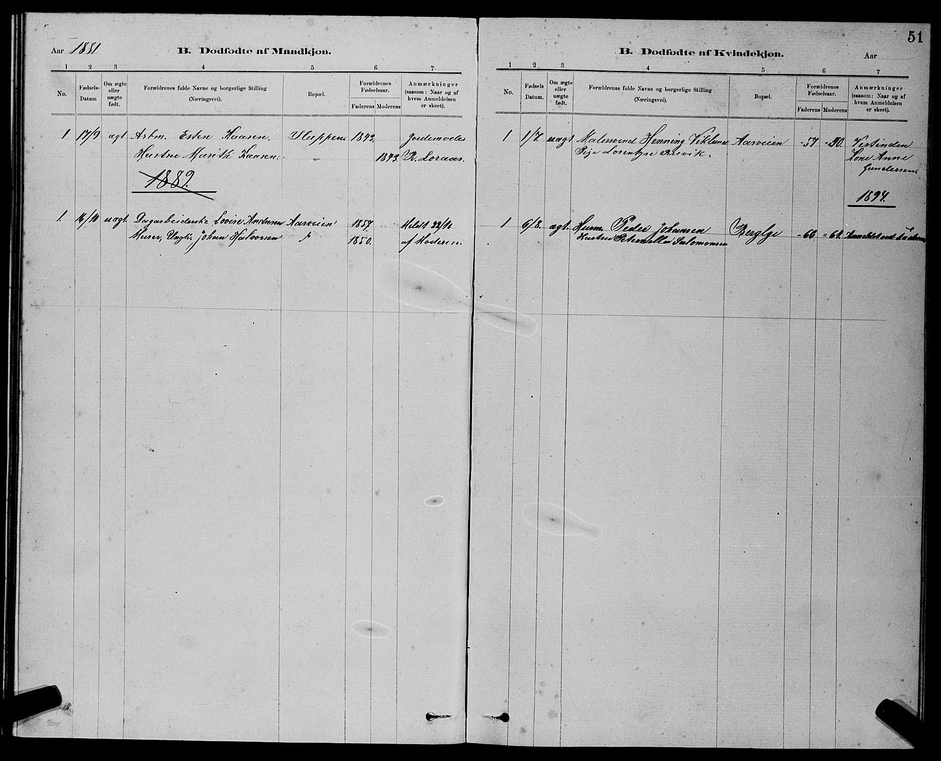 Ministerialprotokoller, klokkerbøker og fødselsregistre - Sør-Trøndelag, SAT/A-1456/611/L0354: Parish register (copy) no. 611C02, 1881-1896, p. 51