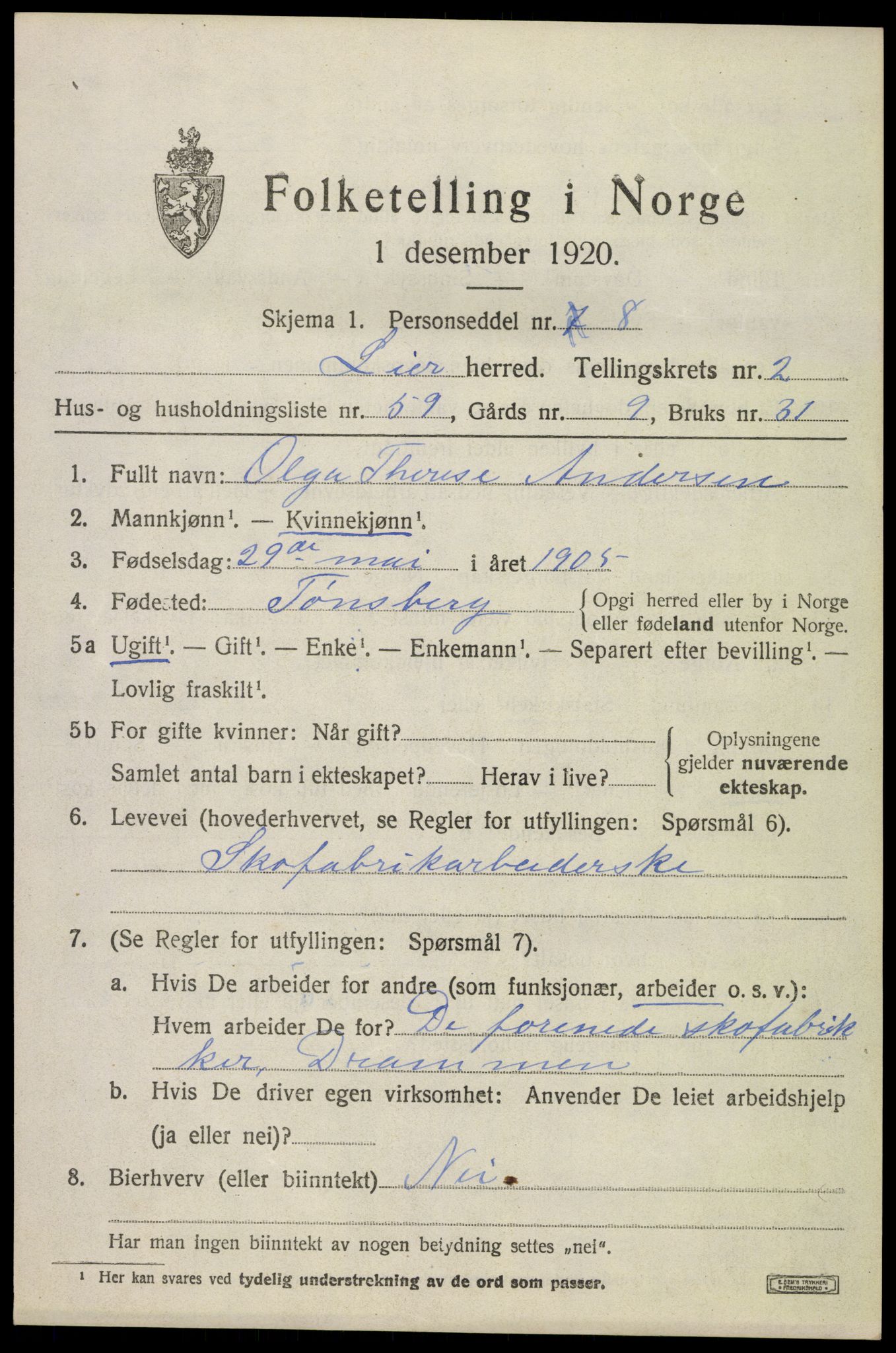 SAKO, 1920 census for Lier, 1920, p. 5354