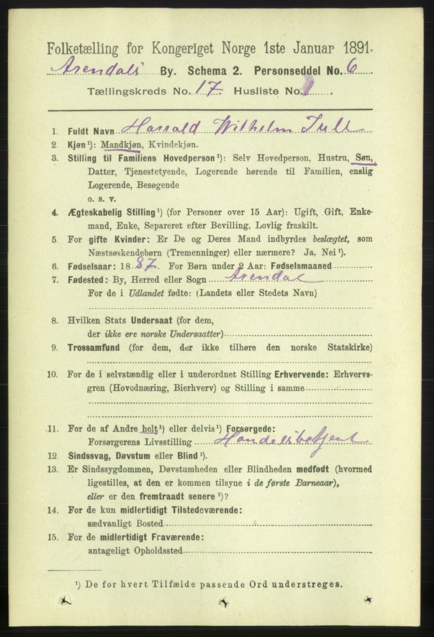 RA, 1891 census for 0903 Arendal, 1891, p. 5590