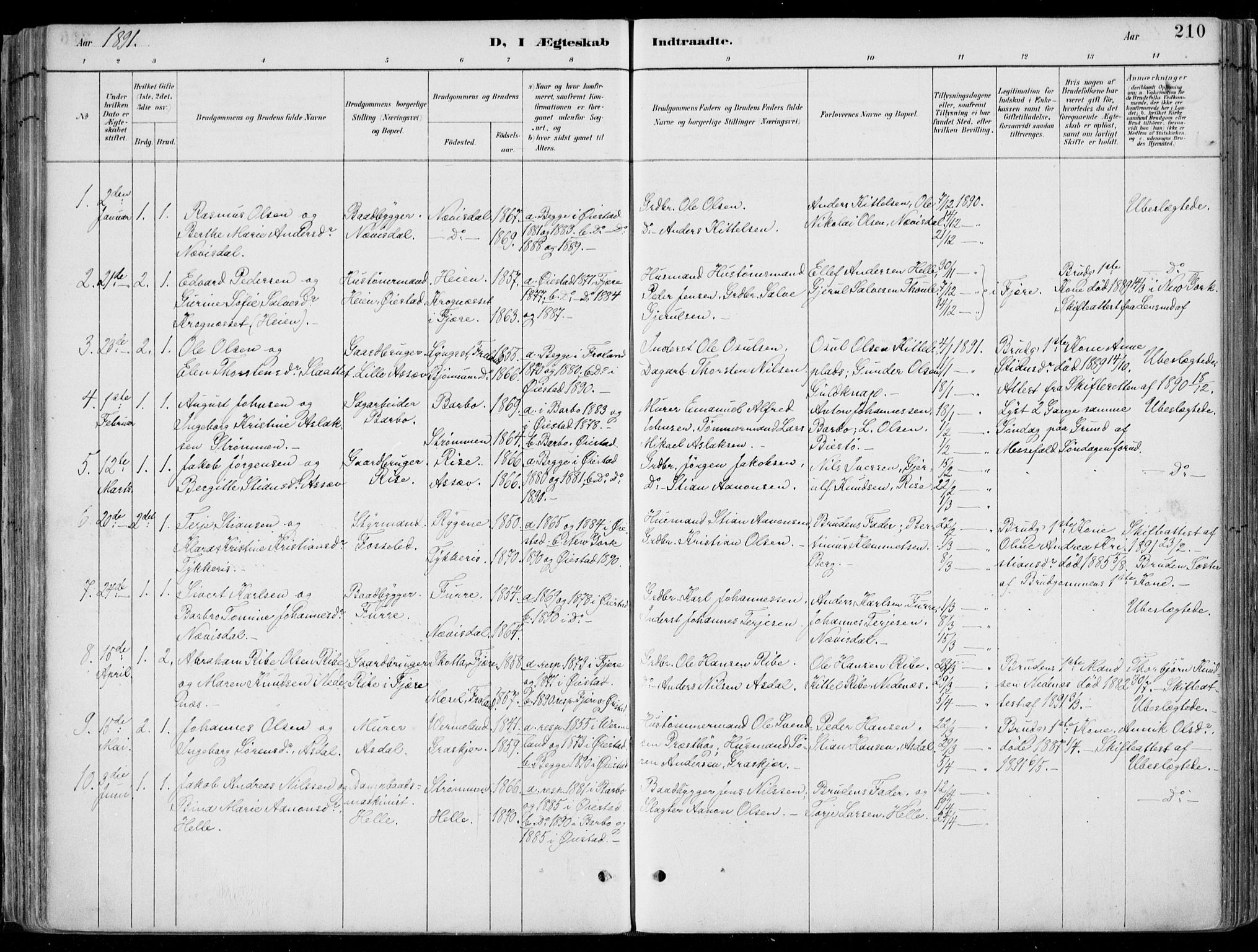 Øyestad sokneprestkontor, SAK/1111-0049/F/Fa/L0017: Parish register (official) no. A 17, 1887-1896, p. 210
