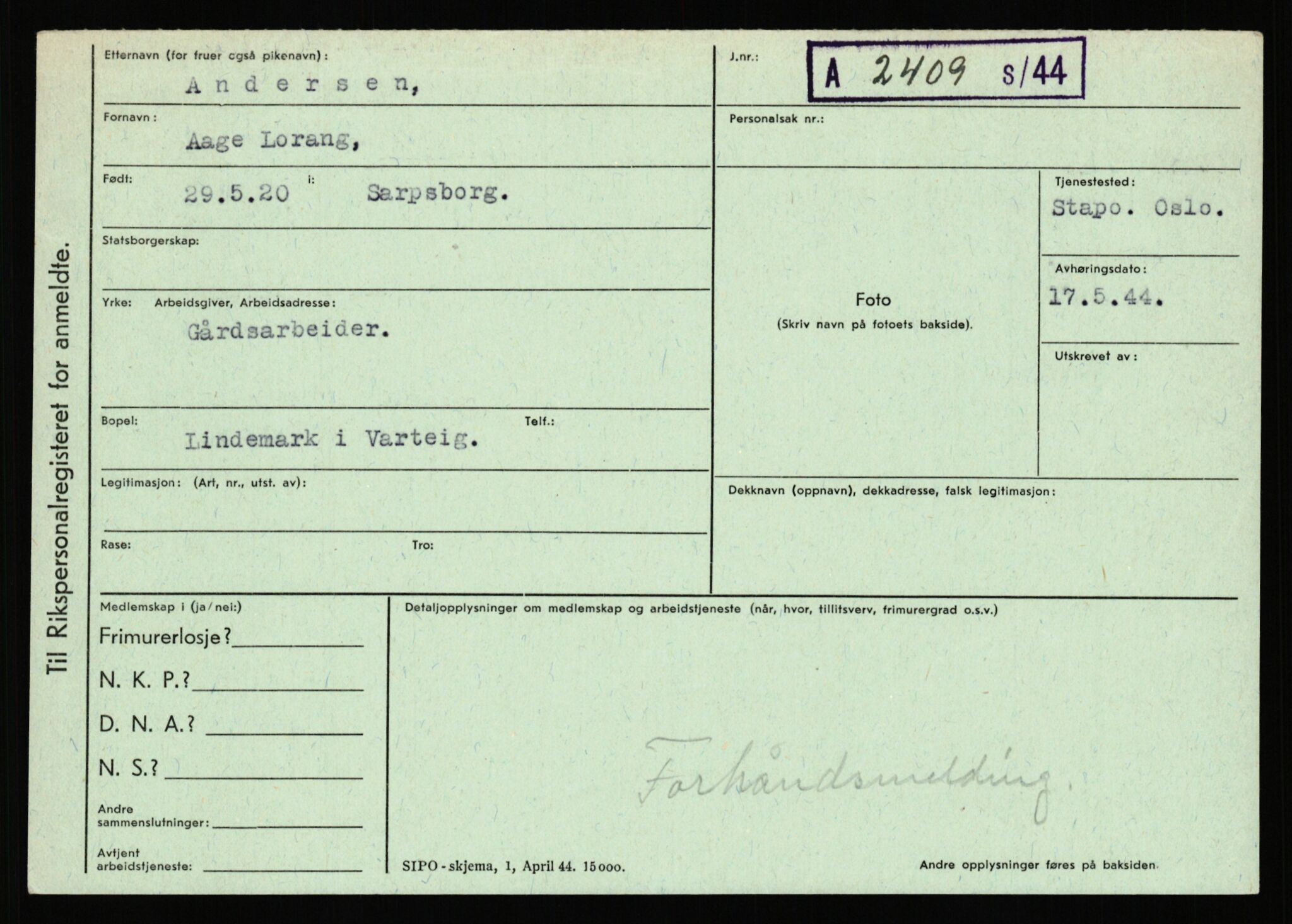 Statspolitiet - Hovedkontoret / Osloavdelingen, AV/RA-S-1329/C/Ca/L0001: Aabakken - Armann, 1943-1945, p. 1951