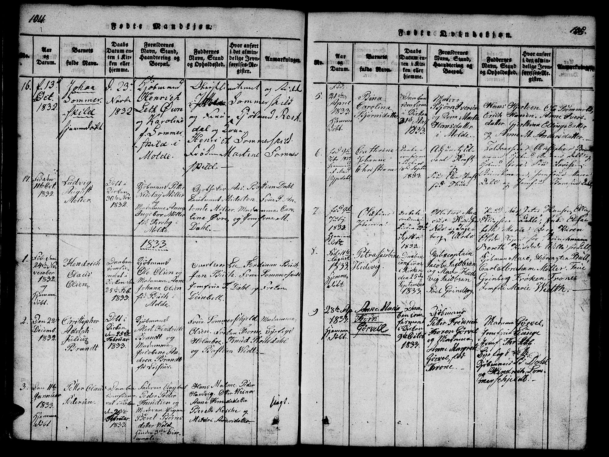 Ministerialprotokoller, klokkerbøker og fødselsregistre - Møre og Romsdal, SAT/A-1454/558/L0688: Parish register (official) no. 558A02, 1818-1843, p. 104-105