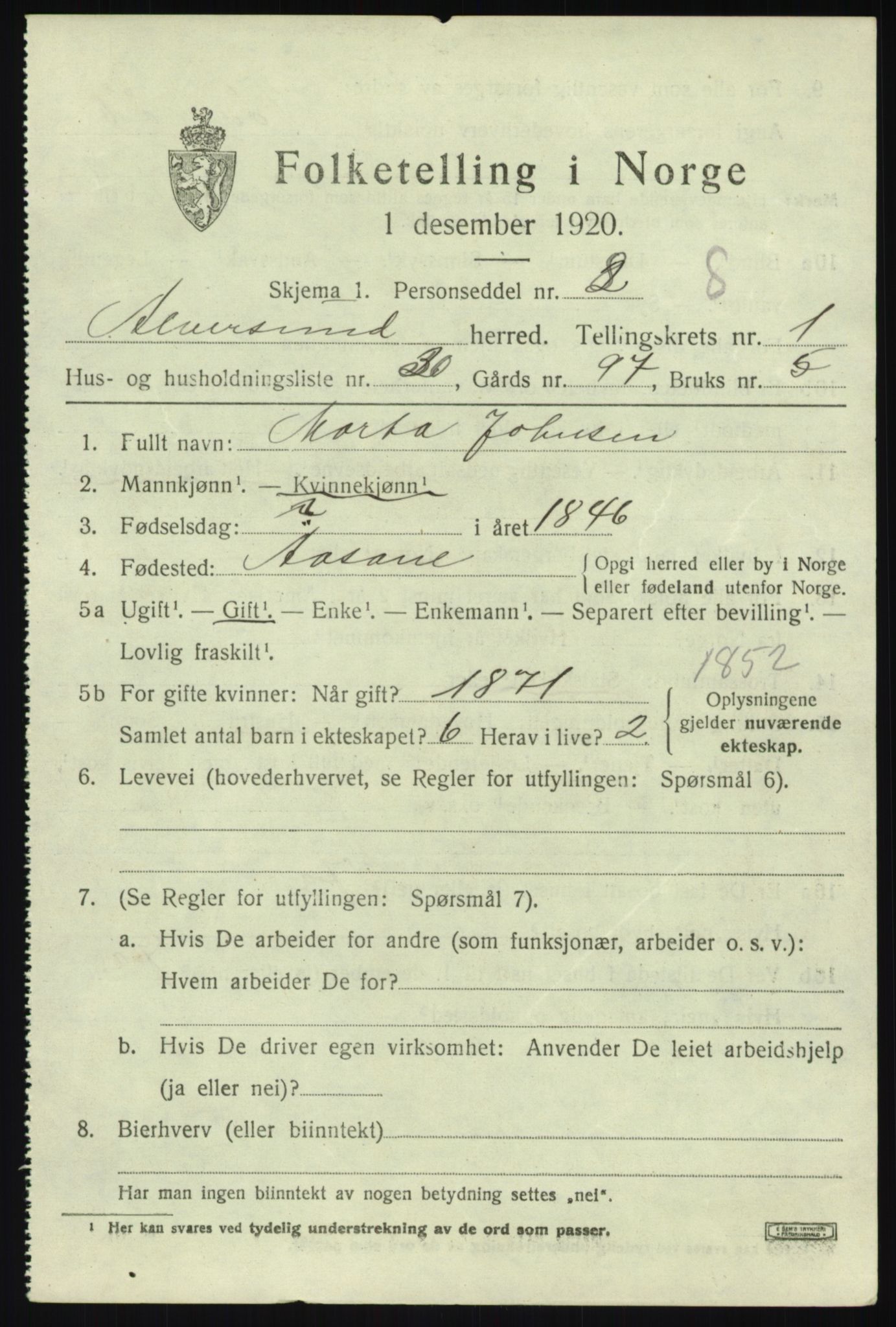 SAB, 1920 census for Alversund, 1920, p. 1544