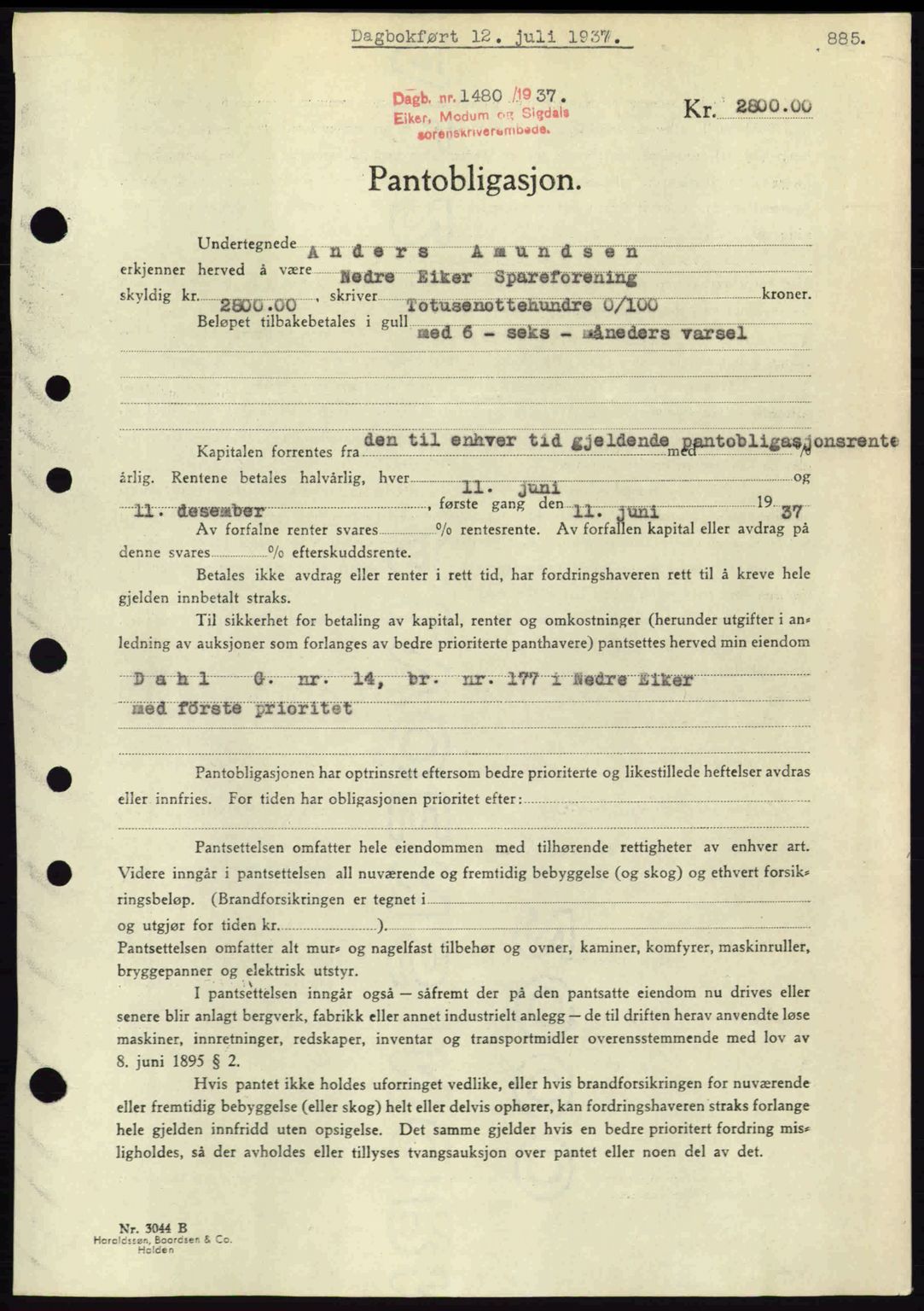 Eiker, Modum og Sigdal sorenskriveri, SAKO/A-123/G/Ga/Gab/L0035: Mortgage book no. A5, 1937-1937, Diary no: : 1480/1937