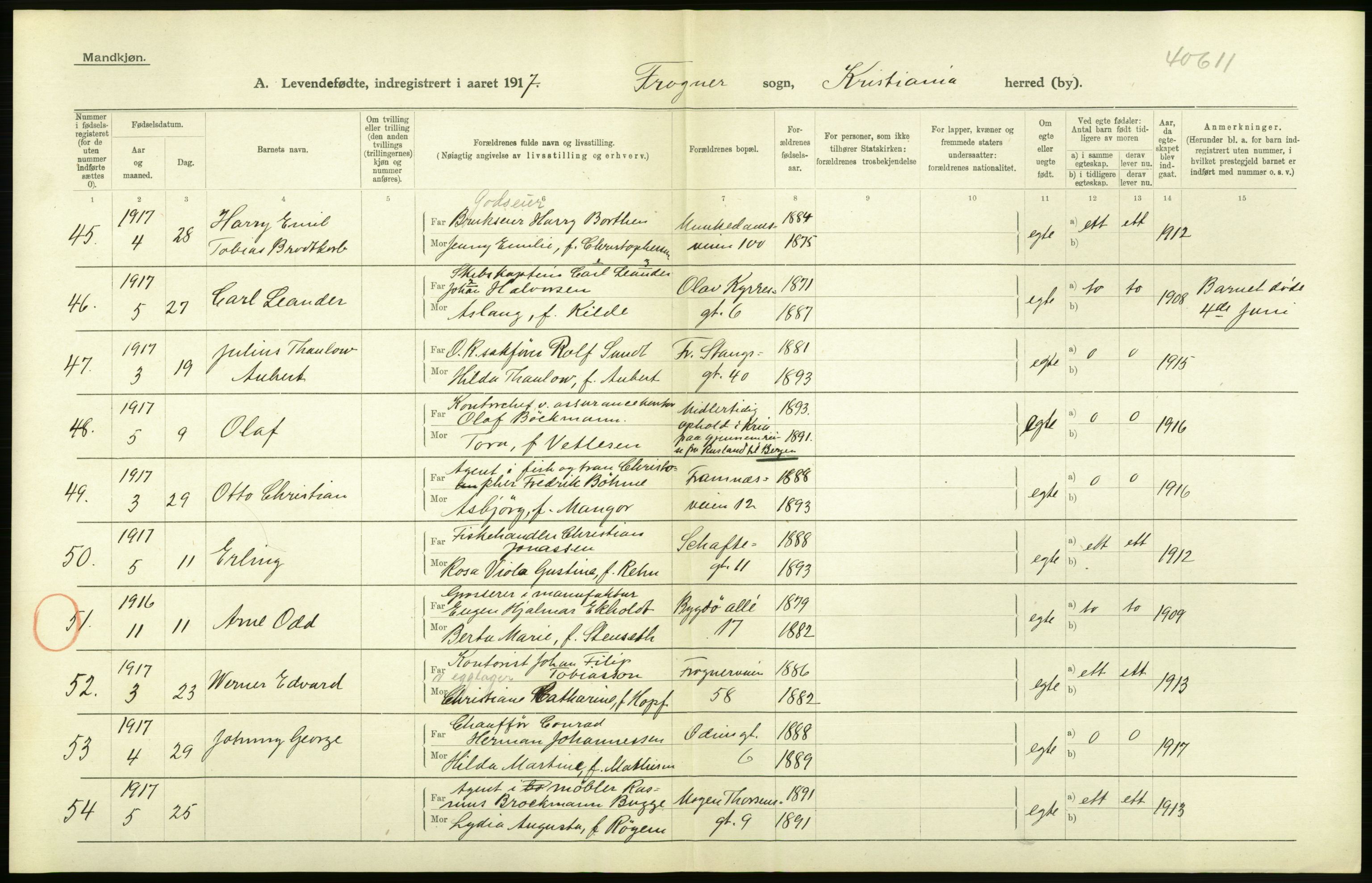 Statistisk sentralbyrå, Sosiodemografiske emner, Befolkning, AV/RA-S-2228/D/Df/Dfb/Dfbg/L0007: Kristiania: Levendefødte menn og kvinner., 1917, p. 234