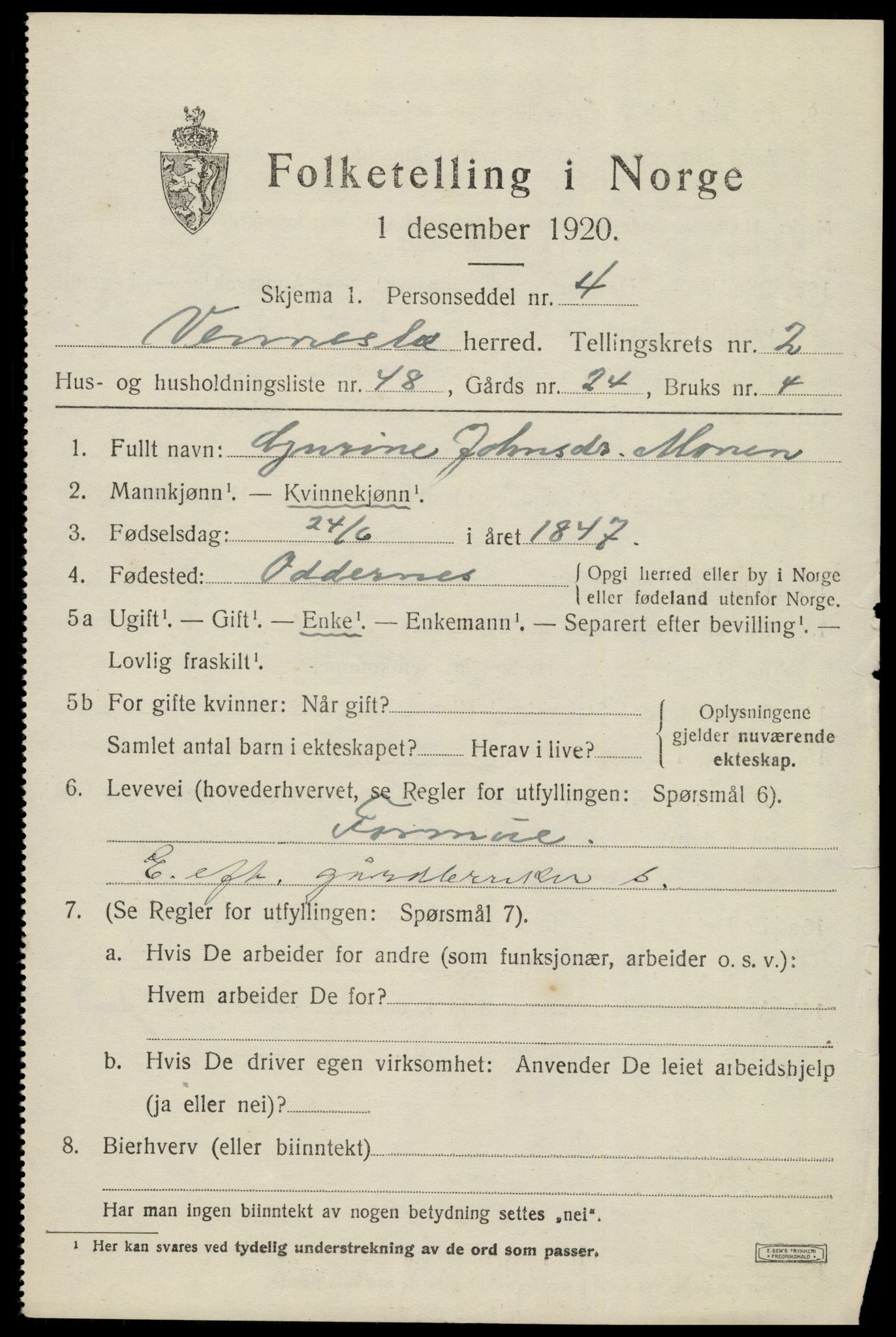 SAK, 1920 census for Vennesla, 1920, p. 2150