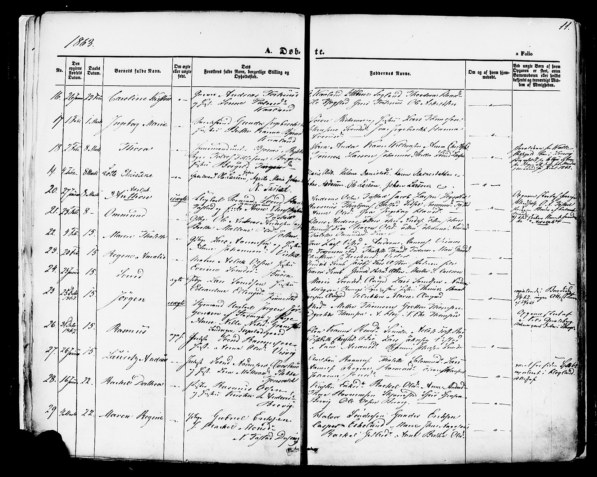 Hetland sokneprestkontor, SAST/A-101826/30/30BA/L0003: Parish register (official) no. A 3, 1862-1876, p. 11
