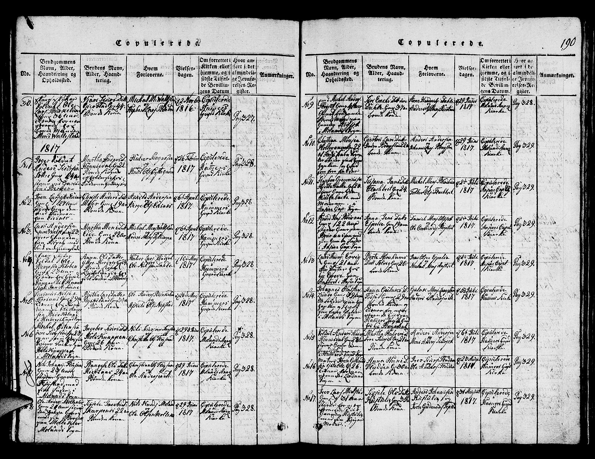 Hamre sokneprestembete, SAB/A-75501/H/Ha/Hab: Parish register (copy) no. A 1, 1816-1826, p. 190