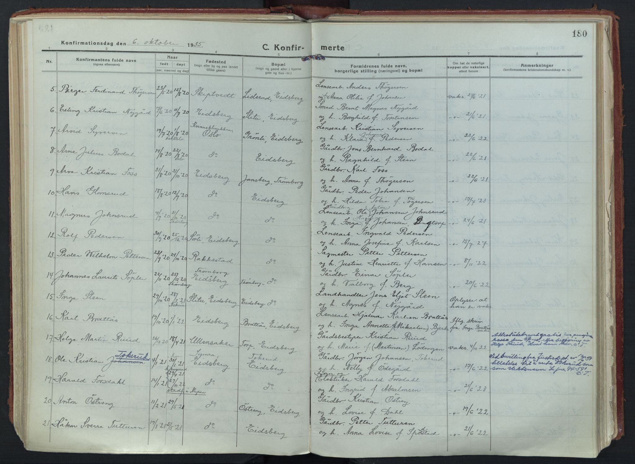 Eidsberg prestekontor Kirkebøker, SAO/A-10905/F/Fa/L0015: Parish register (official) no. I 15, 1920-1937, p. 180
