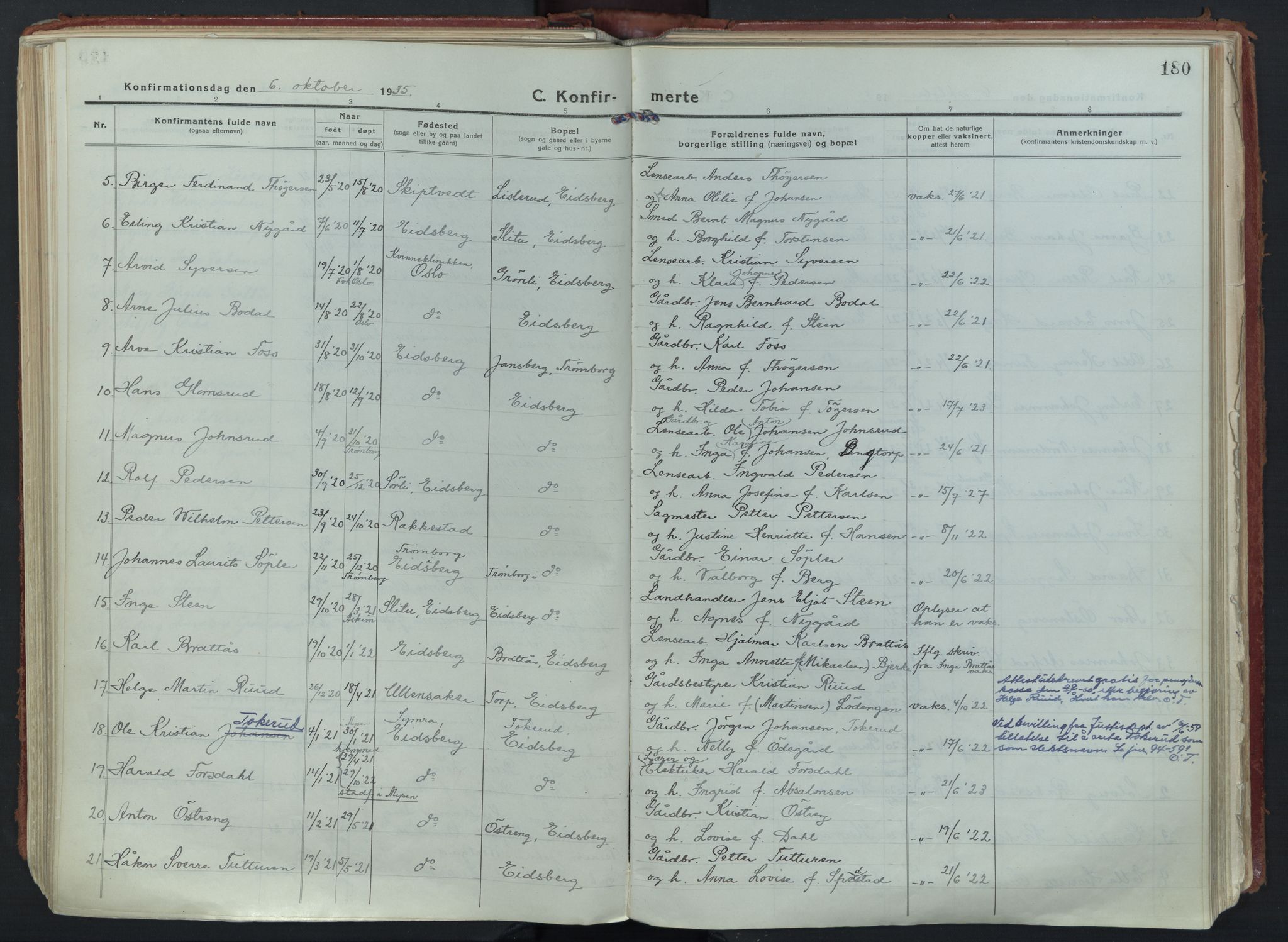Eidsberg prestekontor Kirkebøker, AV/SAO-A-10905/F/Fa/L0015: Parish register (official) no. I 15, 1920-1937, p. 180
