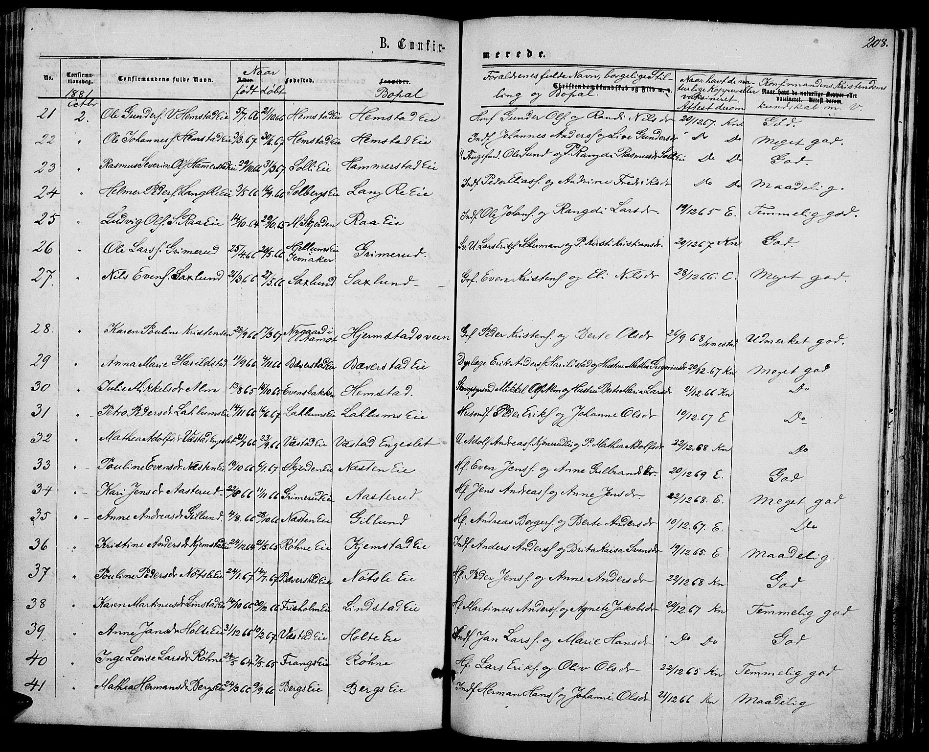 Stange prestekontor, AV/SAH-PREST-002/L/L0006: Parish register (copy) no. 6, 1864-1882, p. 208