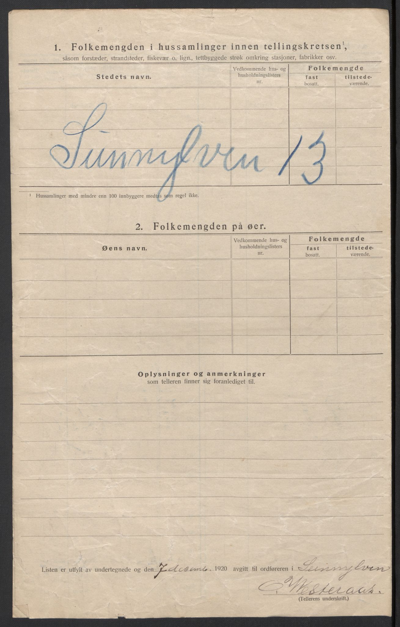 SAT, 1920 census for Sunnylven, 1920, p. 52