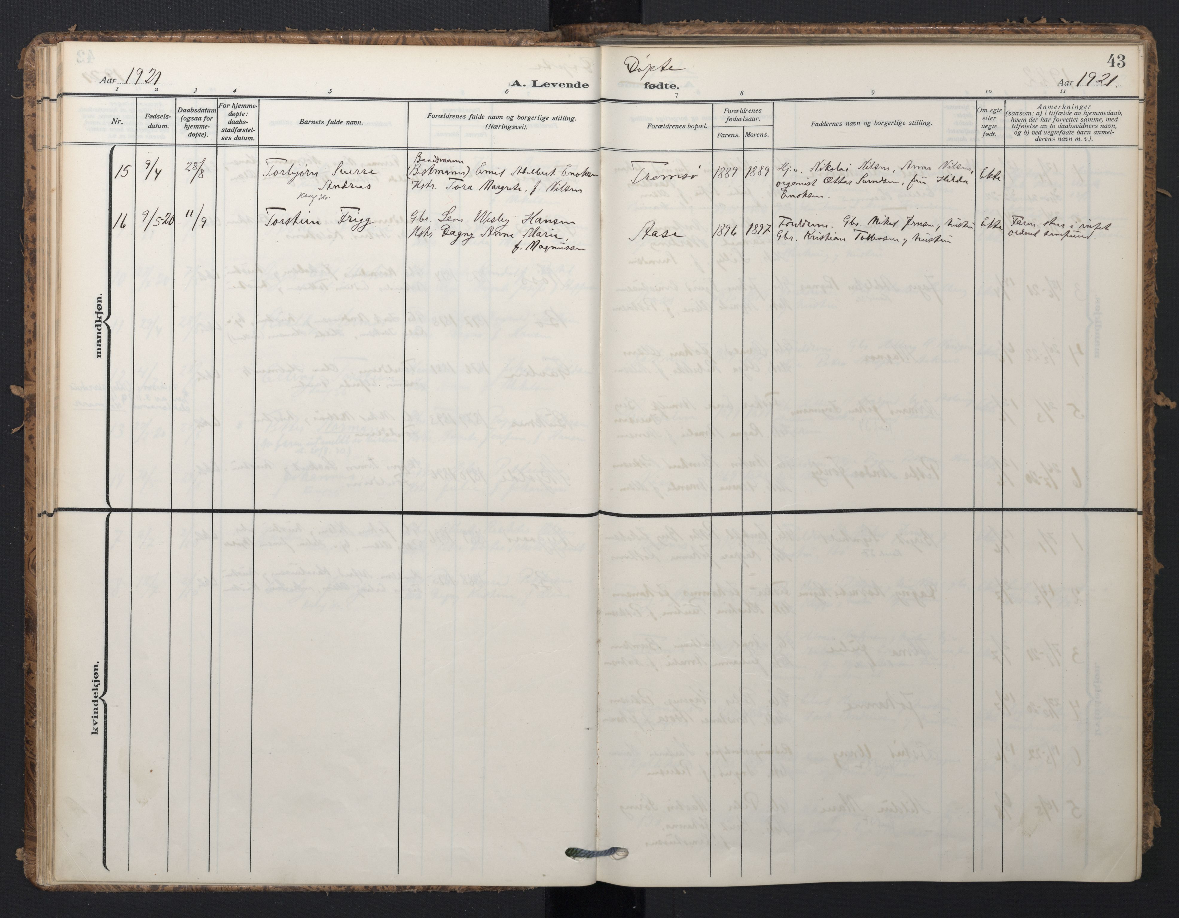 Ministerialprotokoller, klokkerbøker og fødselsregistre - Nordland, SAT/A-1459/898/L1423: Parish register (official) no. 898A03, 1909-1928, p. 43