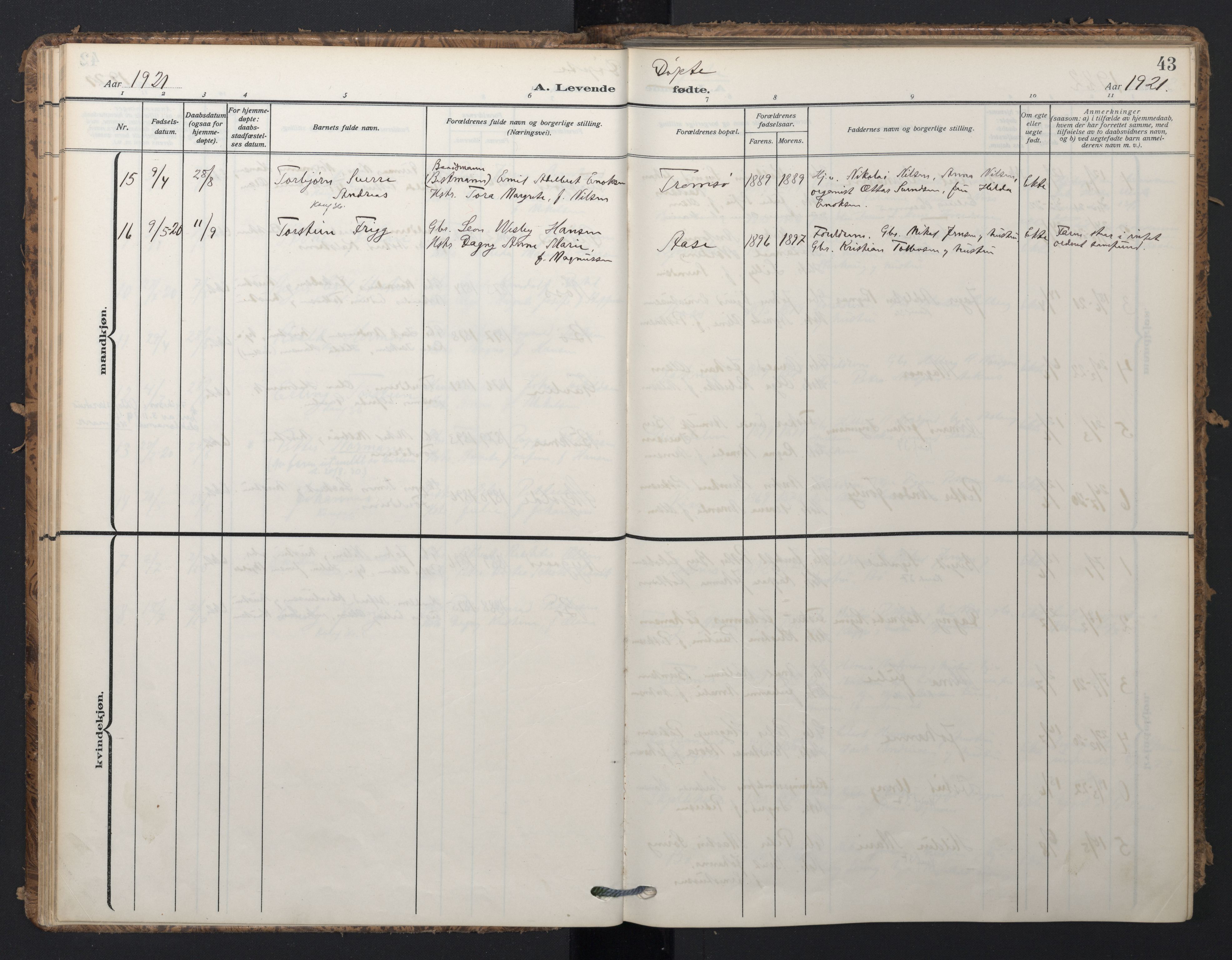 Ministerialprotokoller, klokkerbøker og fødselsregistre - Nordland, AV/SAT-A-1459/898/L1423: Parish register (official) no. 898A03, 1909-1928, p. 43