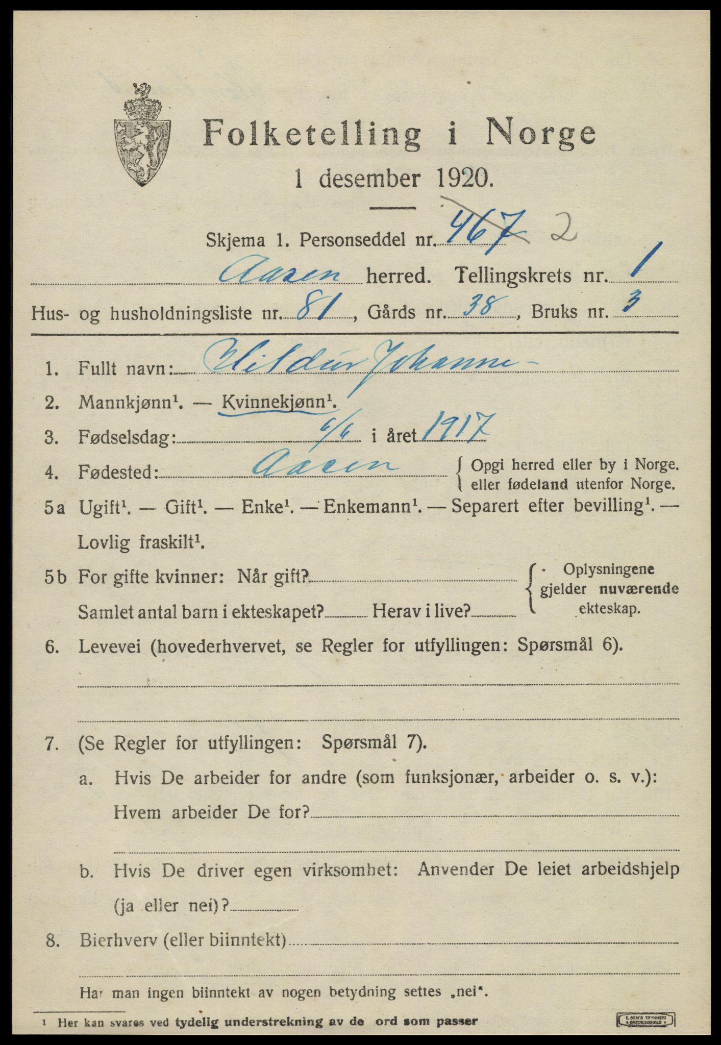 SAT, 1920 census for Åsen, 1920, p. 1694