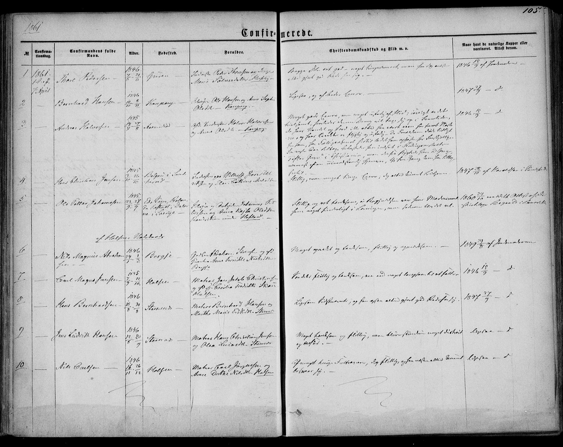 Tjølling kirkebøker, SAKO/A-60/F/Fa/L0007: Parish register (official) no. 7, 1860-1876, p. 105