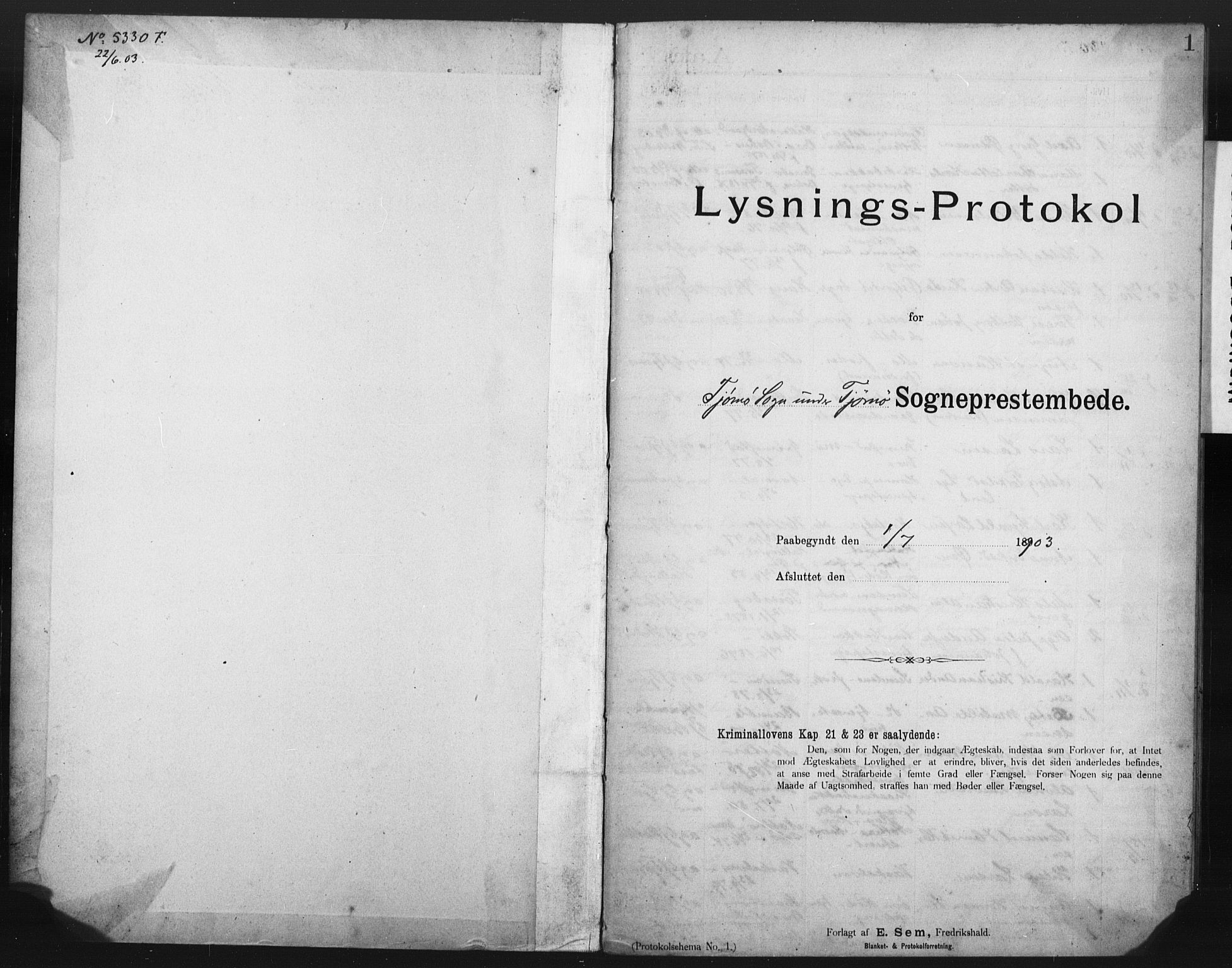 Tjøme kirkebøker, SAKO/A-328/H/Ha/L0001: Banns register no. I 1, 1903-1918, p. 1