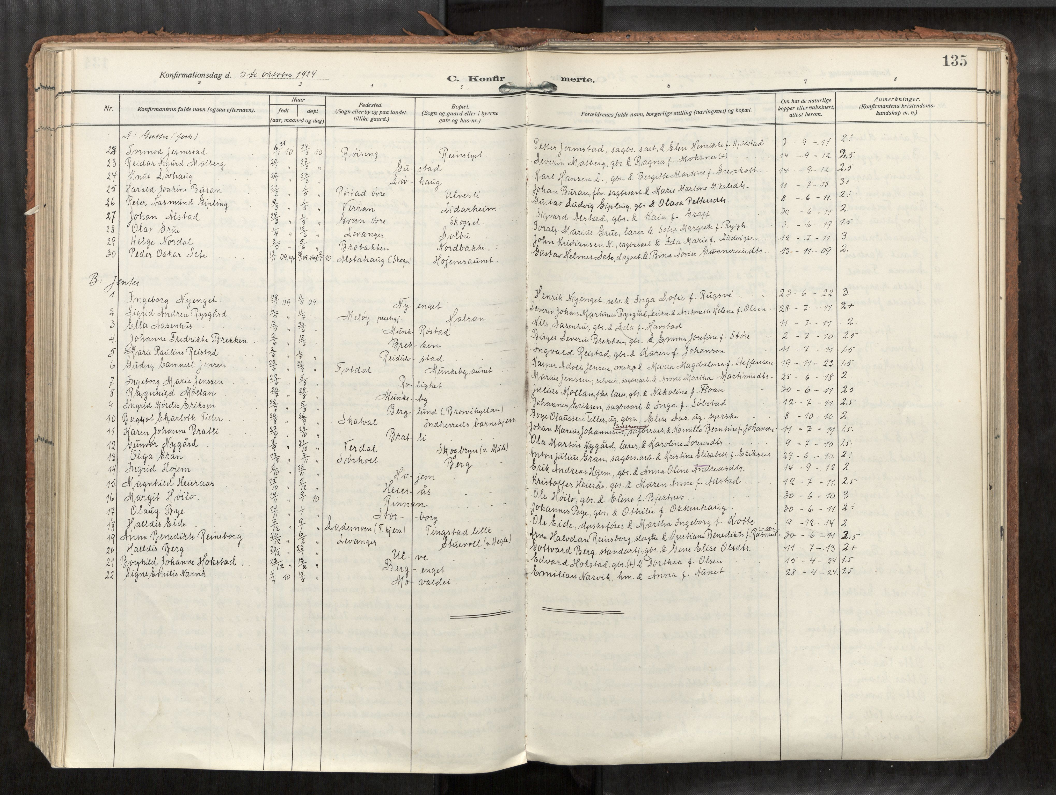 Levanger sokneprestkontor, SAT/A-1301/2/H/Haa/L0002: Parish register (official) no. 2, 1912-1935, p. 135