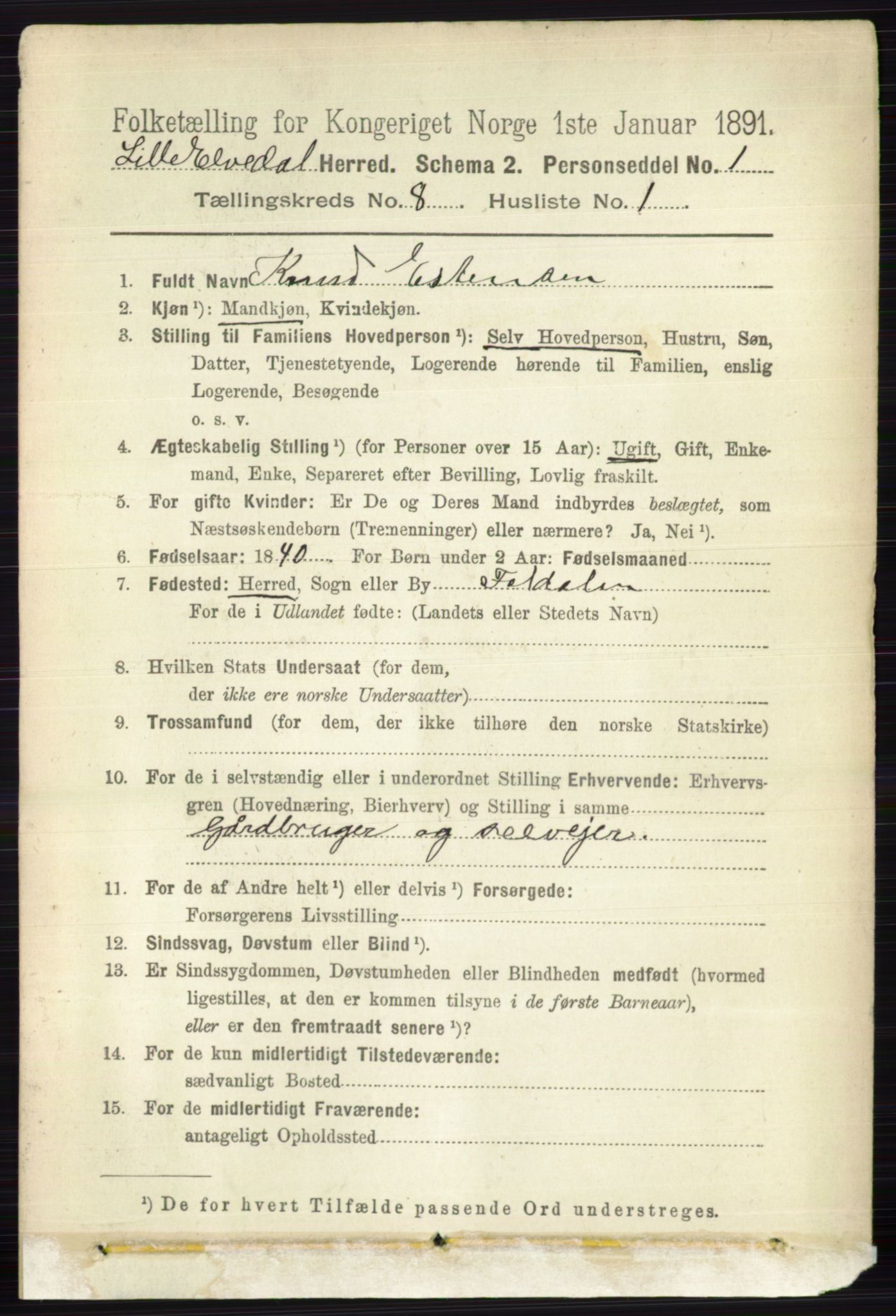 RA, 1891 census for 0438 Lille Elvedalen, 1891, p. 2468