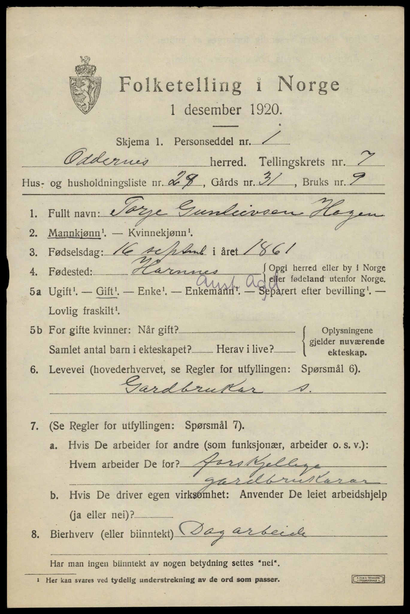 SAK, 1920 census for Oddernes, 1920, p. 5541