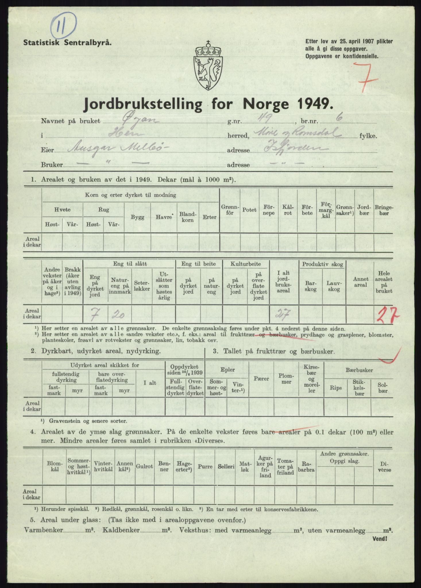 Statistisk sentralbyrå, Næringsøkonomiske emner, Jordbruk, skogbruk, jakt, fiske og fangst, AV/RA-S-2234/G/Gc/L0323: Møre og Romsdal: Grytten og Hen, 1949, p. 643