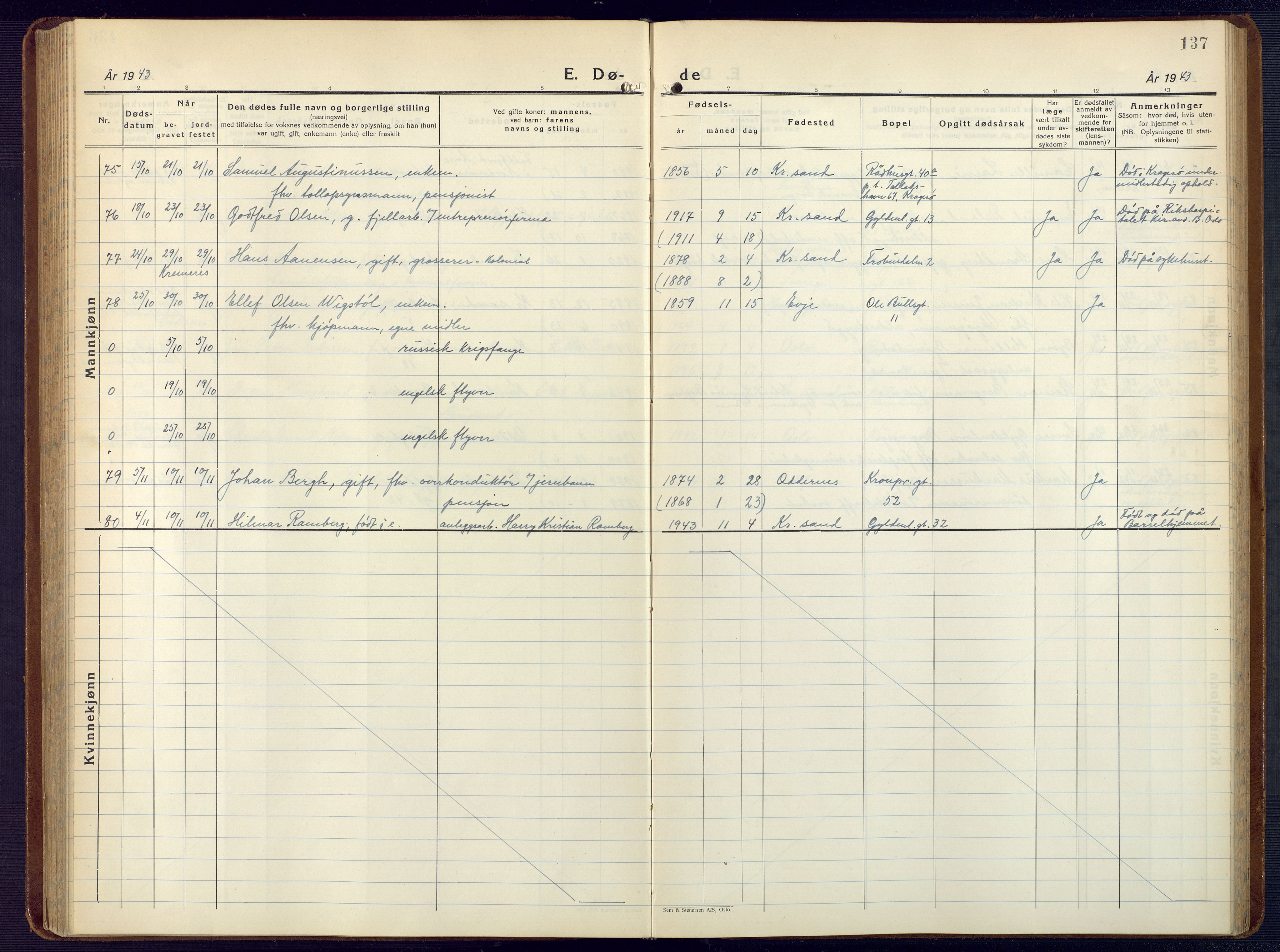 Kristiansand domprosti, AV/SAK-1112-0006/F/Fb/L0028: Parish register (copy) no. B 28, 1935-1945, p. 137