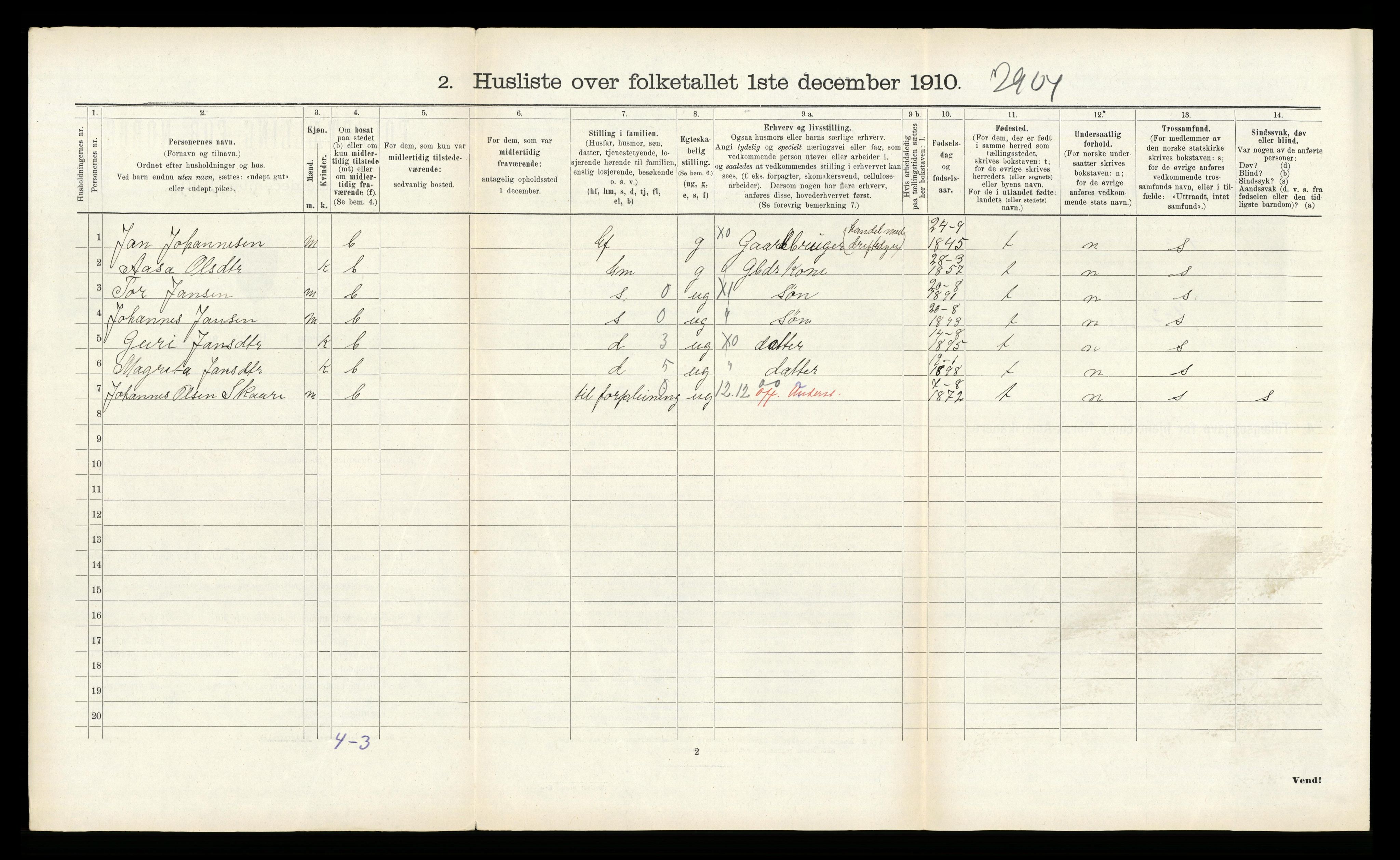 RA, 1910 census for Kvam, 1910, p. 1102