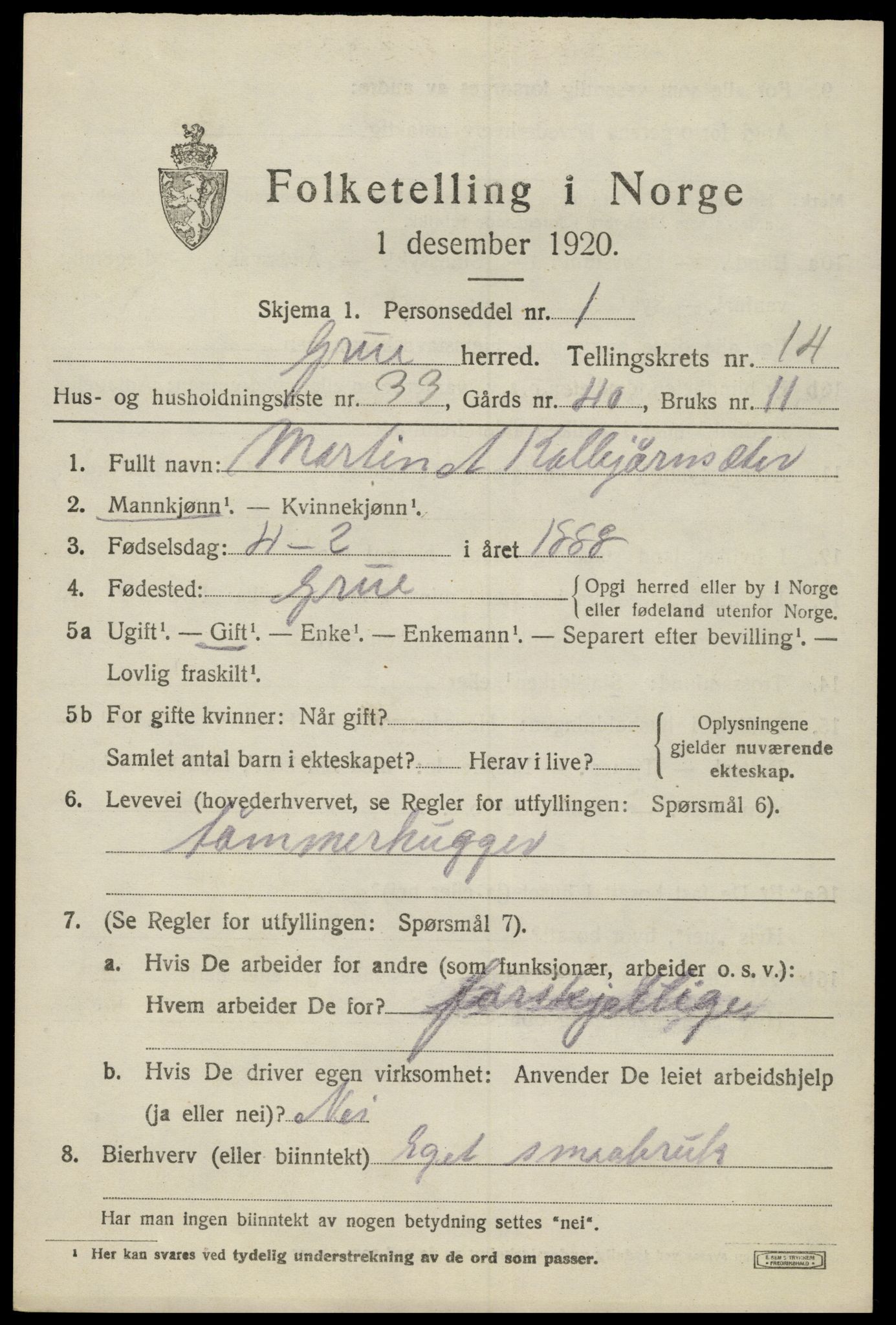 SAH, 1920 census for Grue, 1920, p. 13267