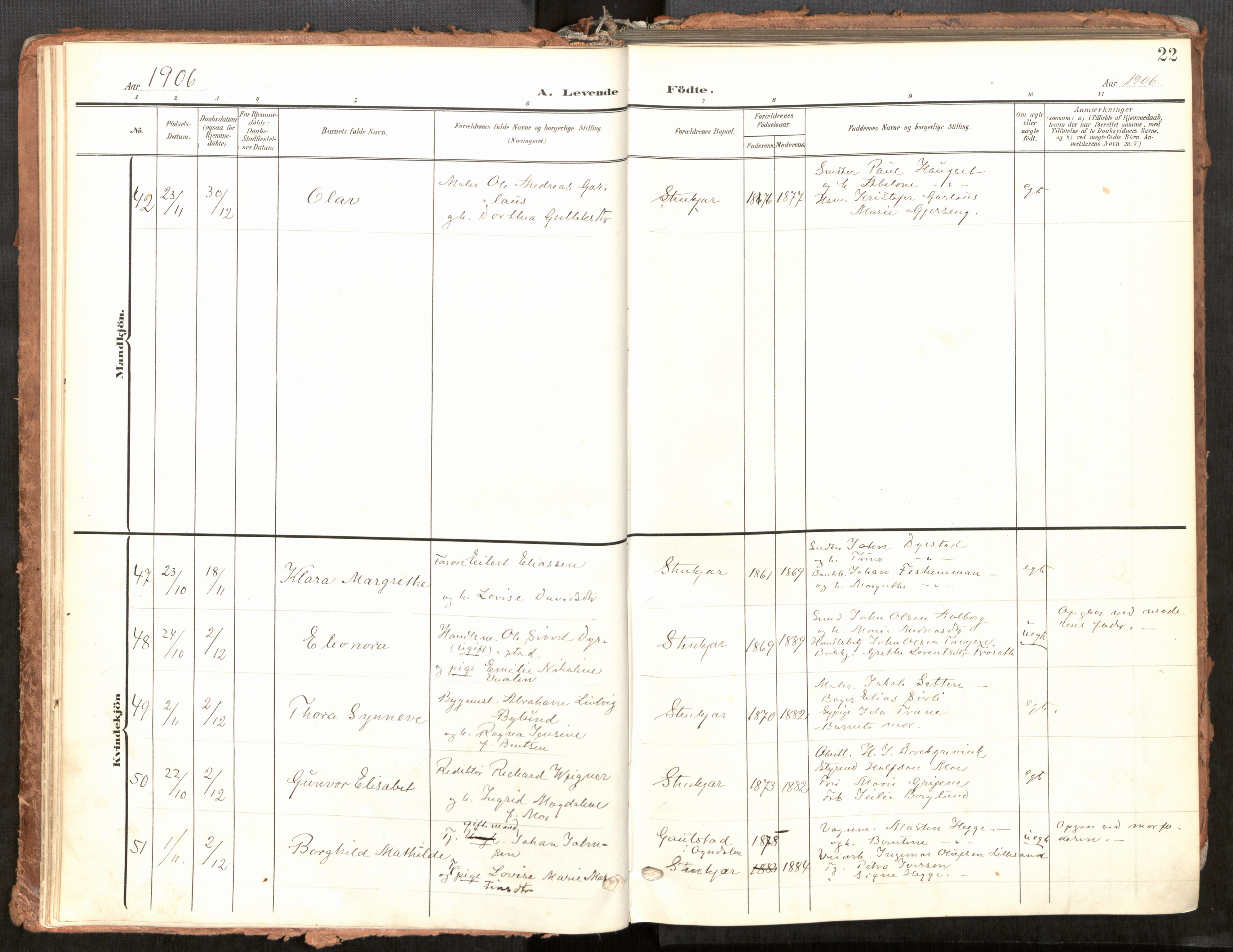 Steinkjer sokneprestkontor, AV/SAT-A-1541/01/H/Ha/Haa/L0001: Parish register (official) no. 1, 1904-1912, p. 22